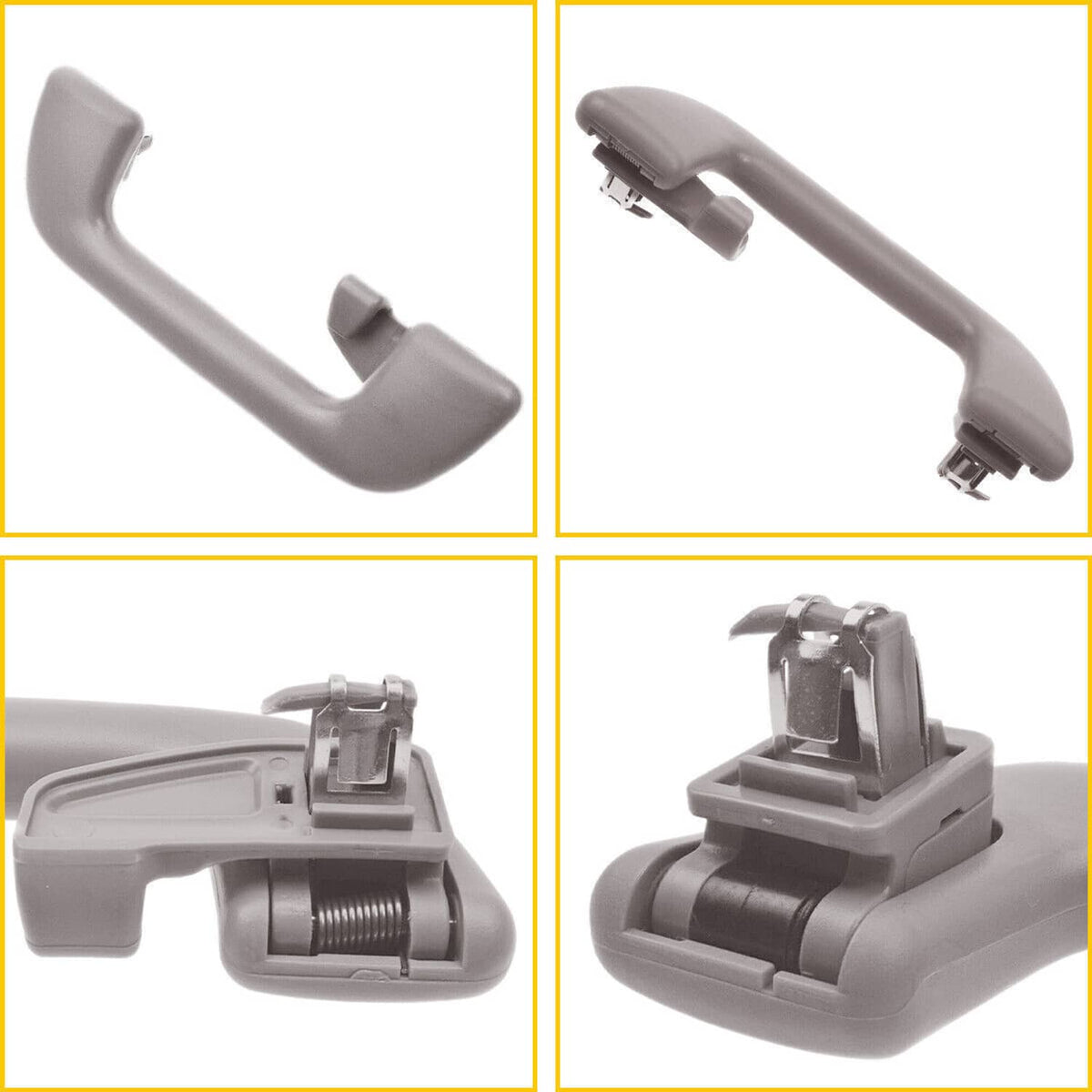 Gray interior roof grab handle details with mounting clips and spring latch