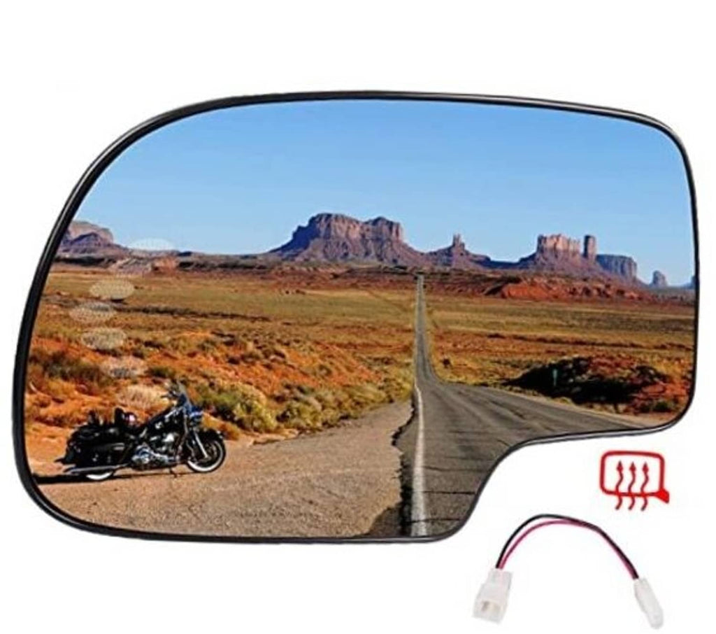 Left driver heated side mirror glass, curved blue-tinted glass with black border