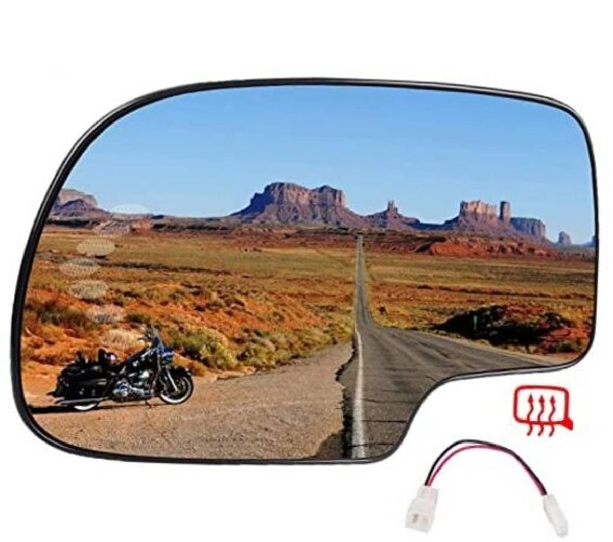 Left driver heated side mirror glass, curved blue-tinted glass with black border