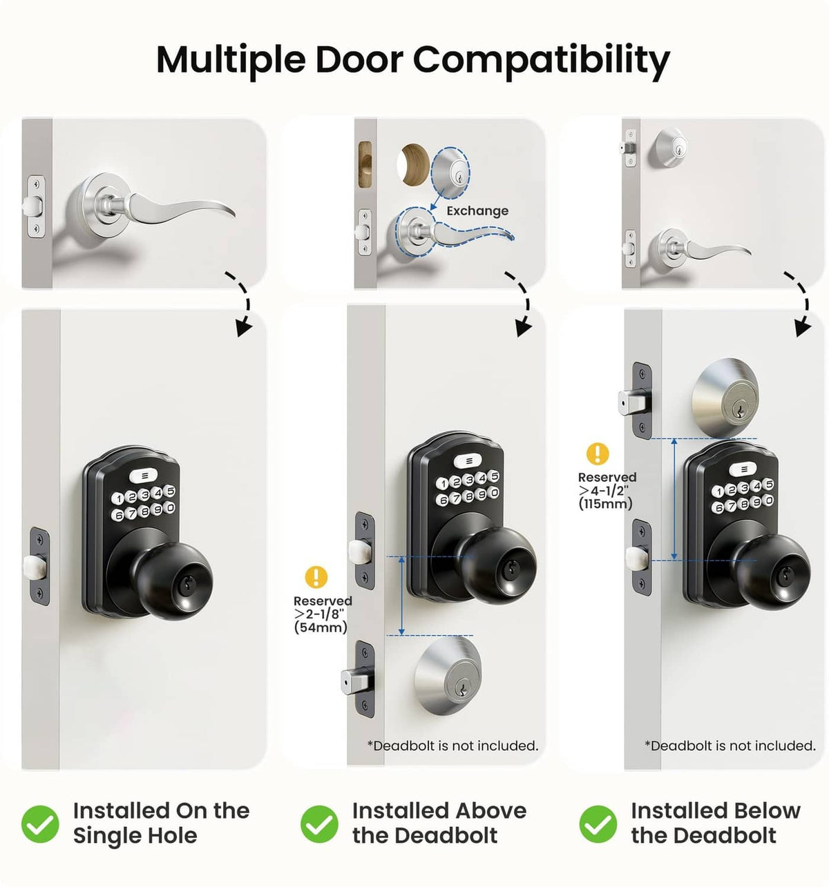 Matte black keypad door lock compatibility guide for door hole positions