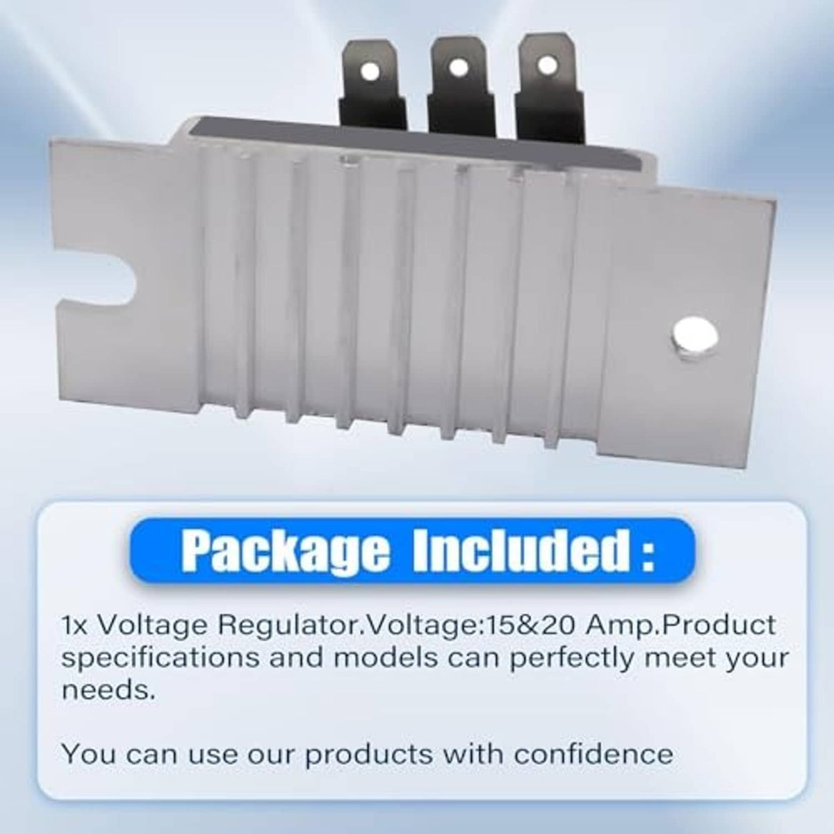 Silver finned voltage regulator rectifier with three black top posts and mounting holes