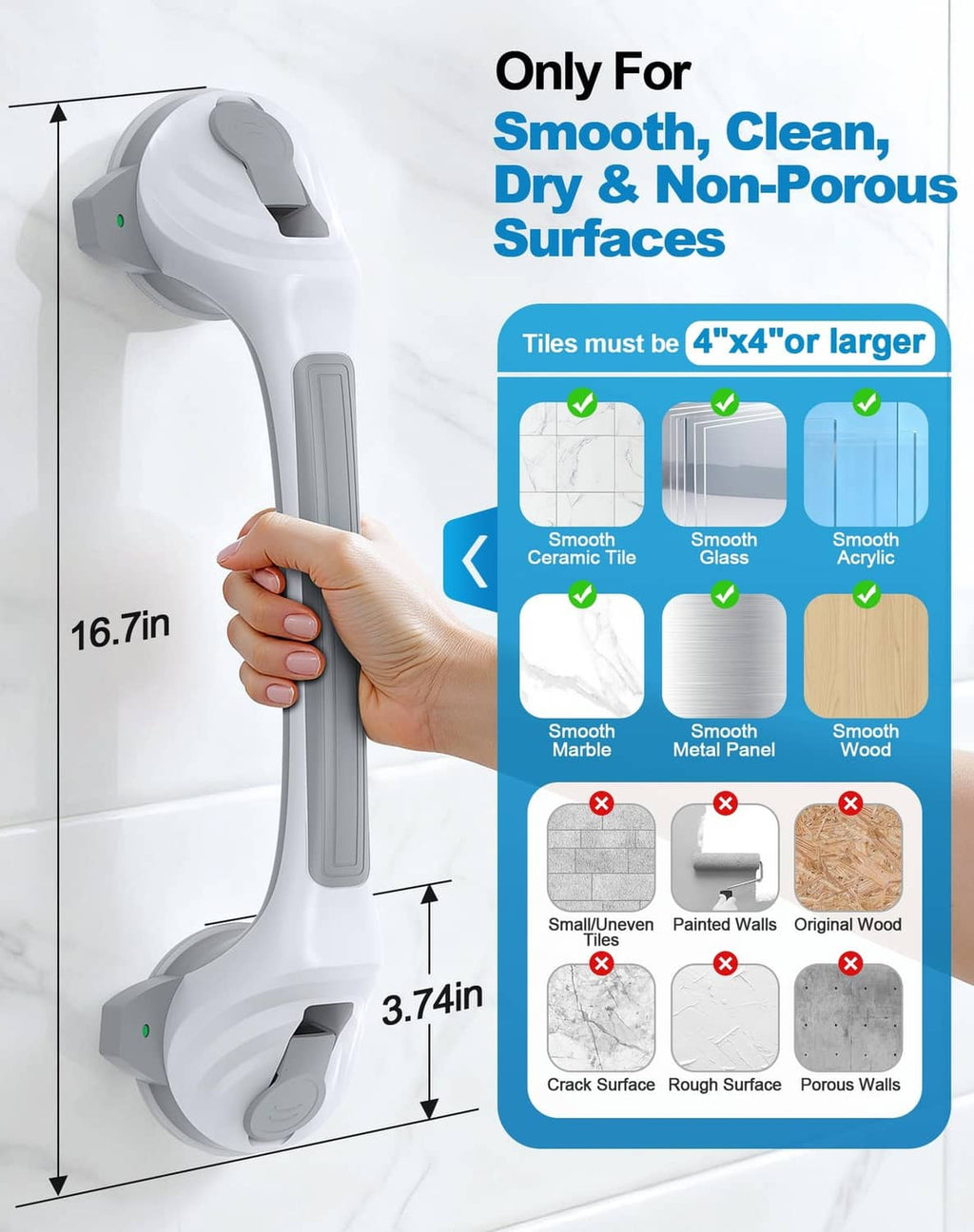 White shower grab bar with suction cup mount and textured anti-slip handle grip
