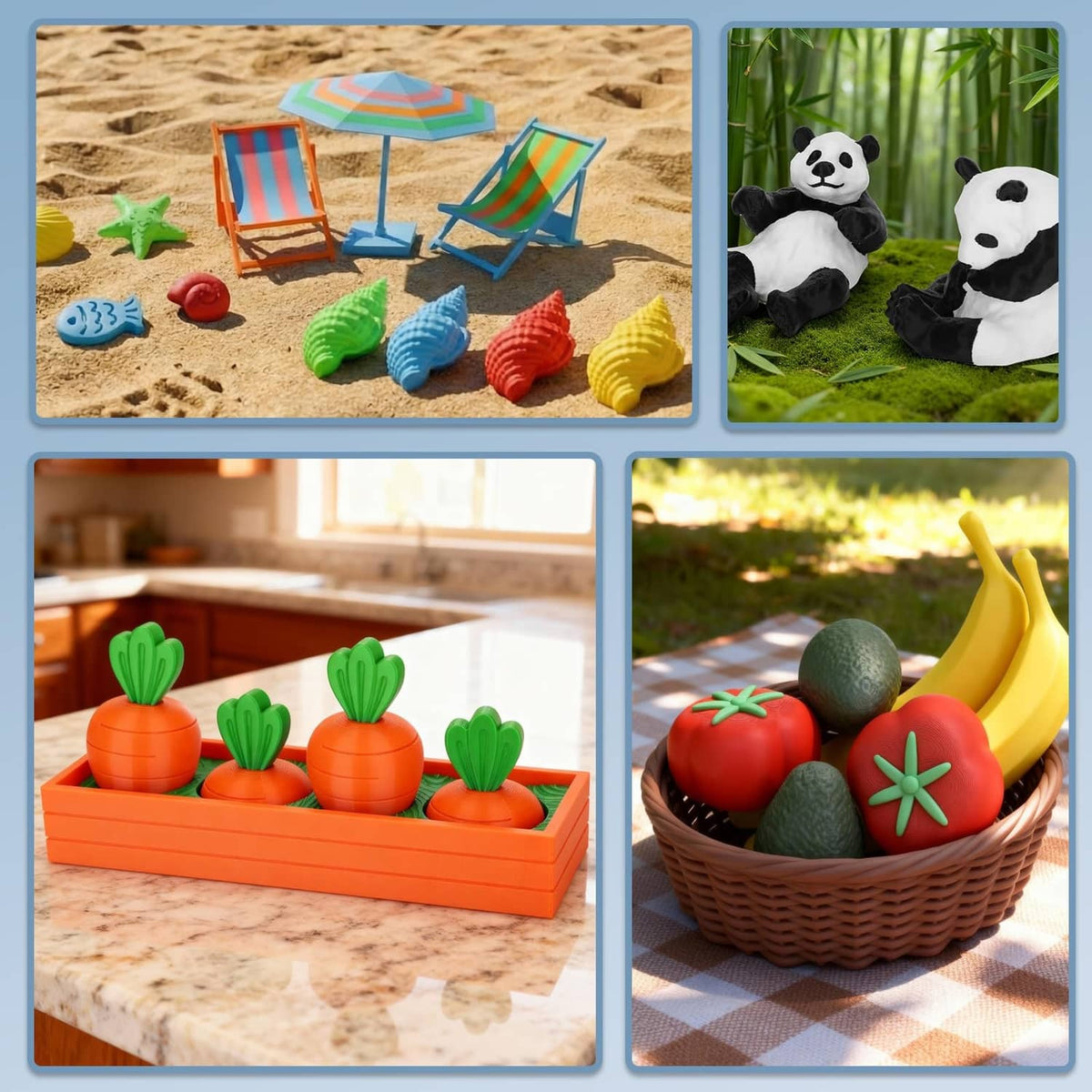 Assorted PLA 3D-printed items including beach shapes, cactus models, and fruit