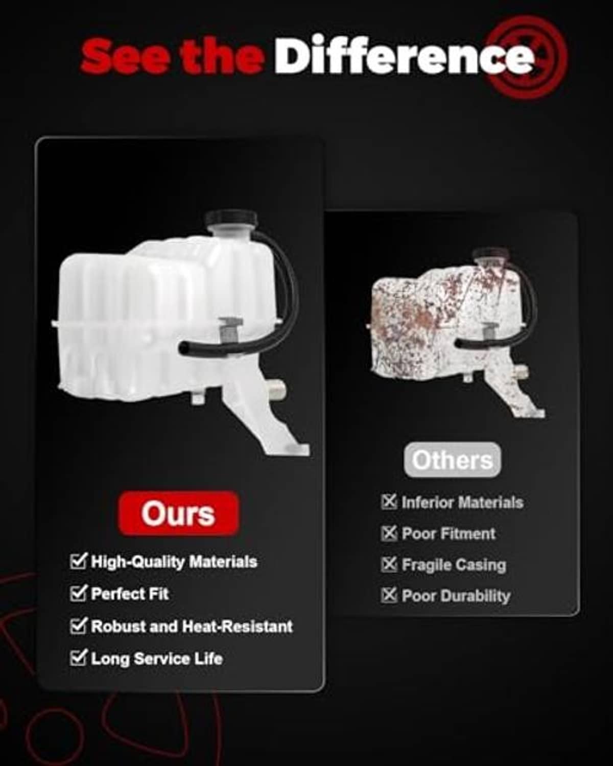 Coolant reservoir tank comparison graphic with sensor and cap illustration