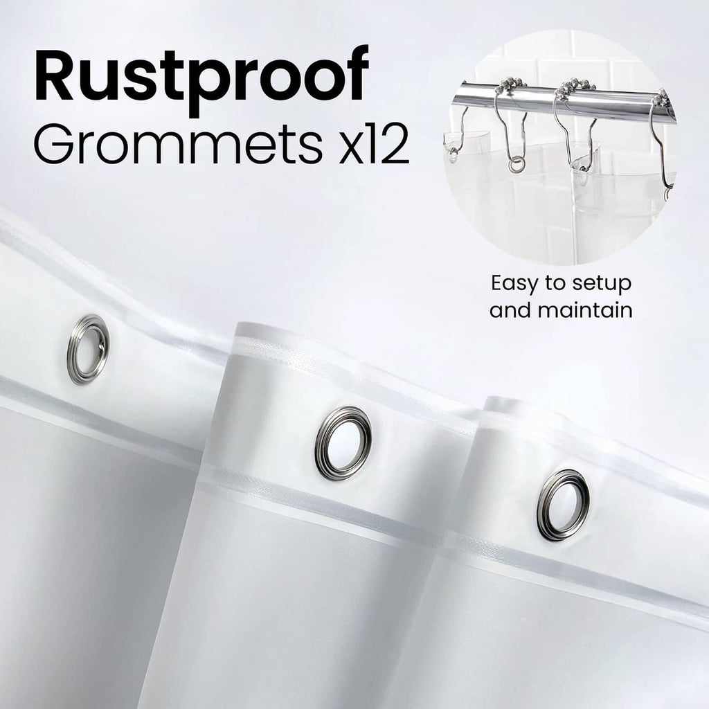 Clear shower liner with 12 rustproof metal grommets and reinforced top