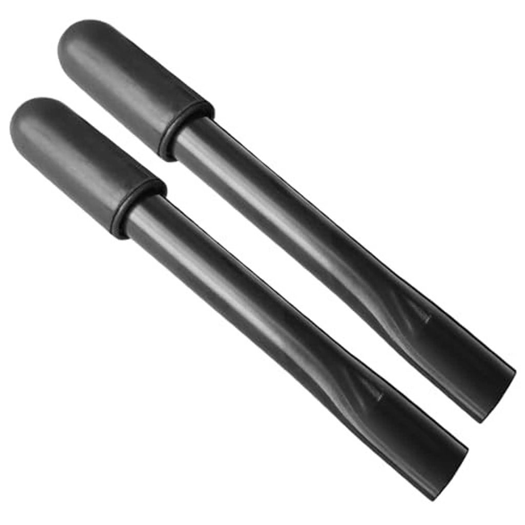 Two black steel brake handle extensions with rubber grip sleeves, curved release ends