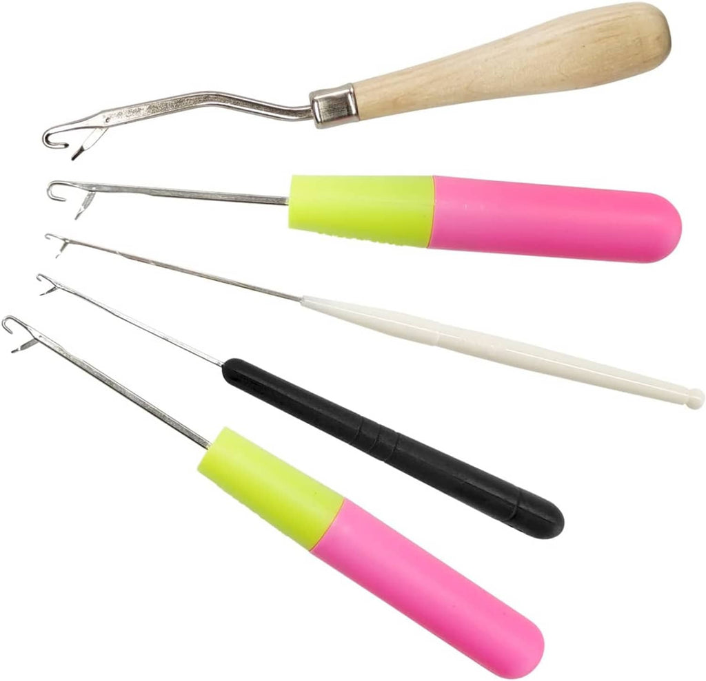 5-piece latch hook crochet hook set (angled): neon green/pink, black, white, wooden-handled