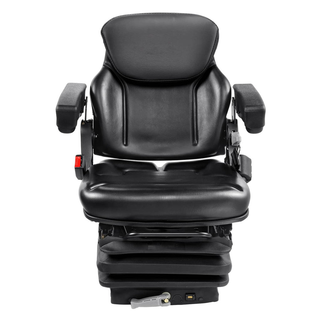 Black forklift seat with padded backrest and armrests, front control panel visible