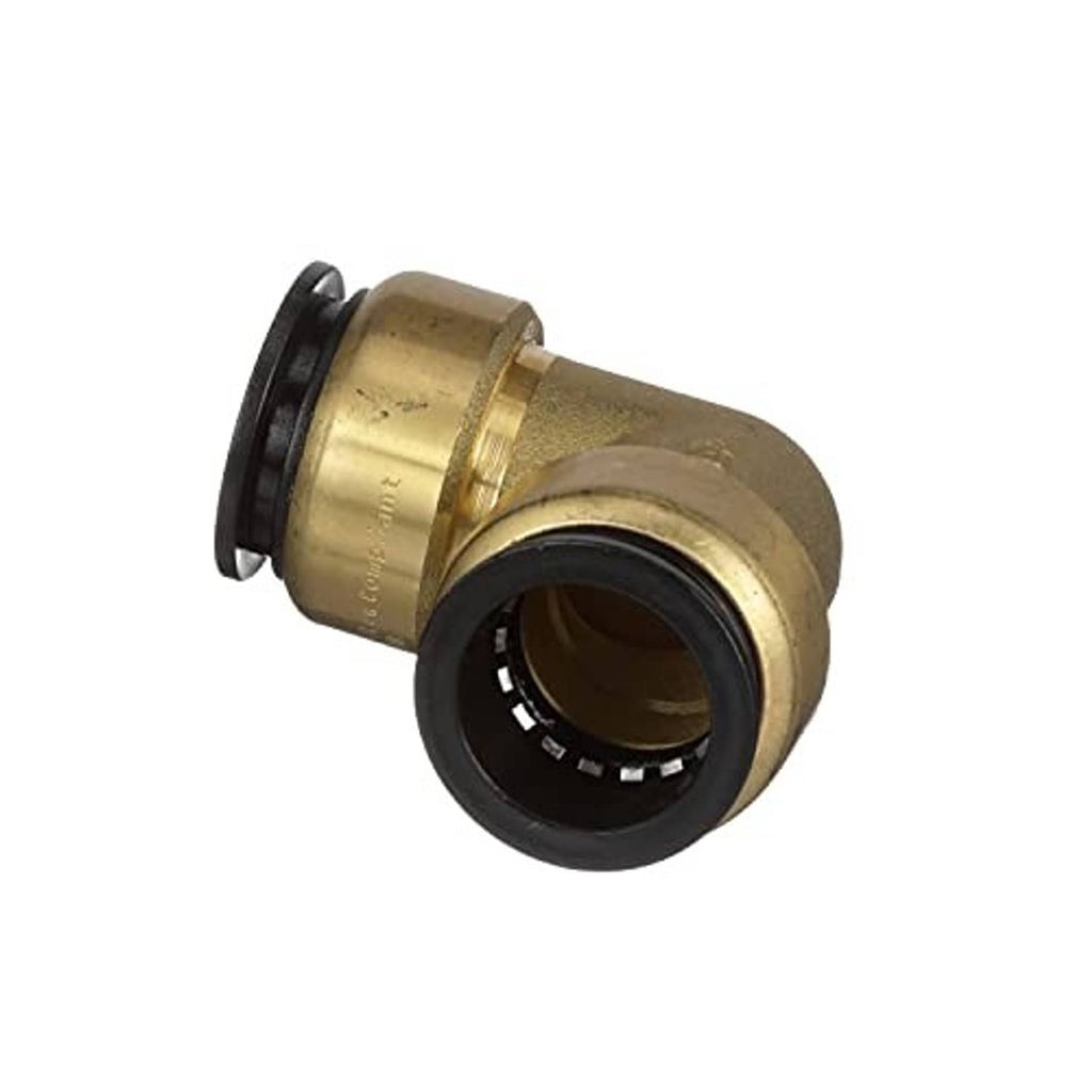Brass 90-degree elbow fitting with black gasket rings and 1 in CTS openings