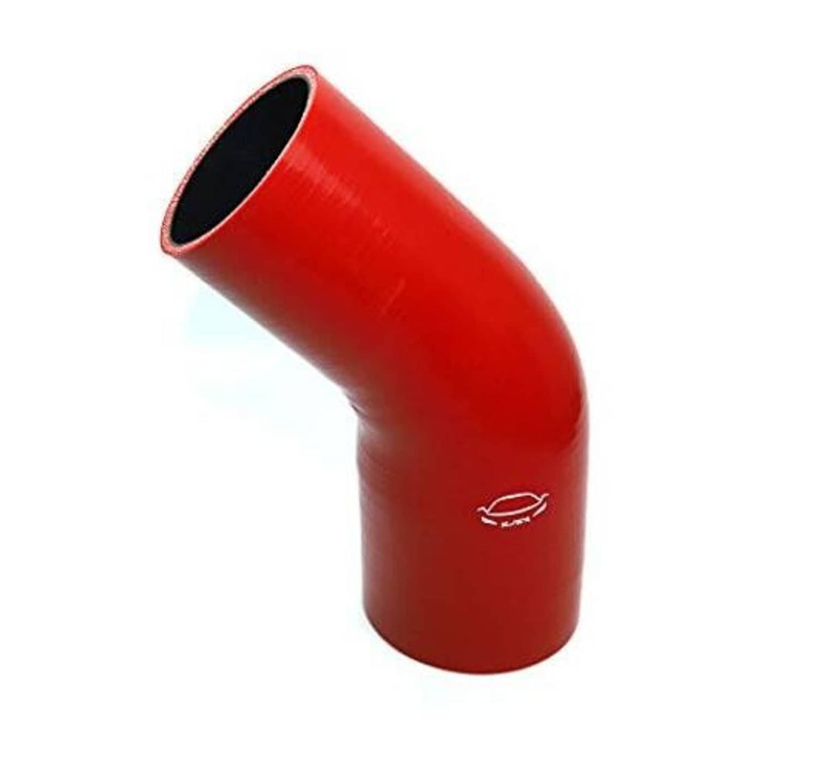 Red silicone 45° elbow reducer coupler with angled black inlet opening and white logo