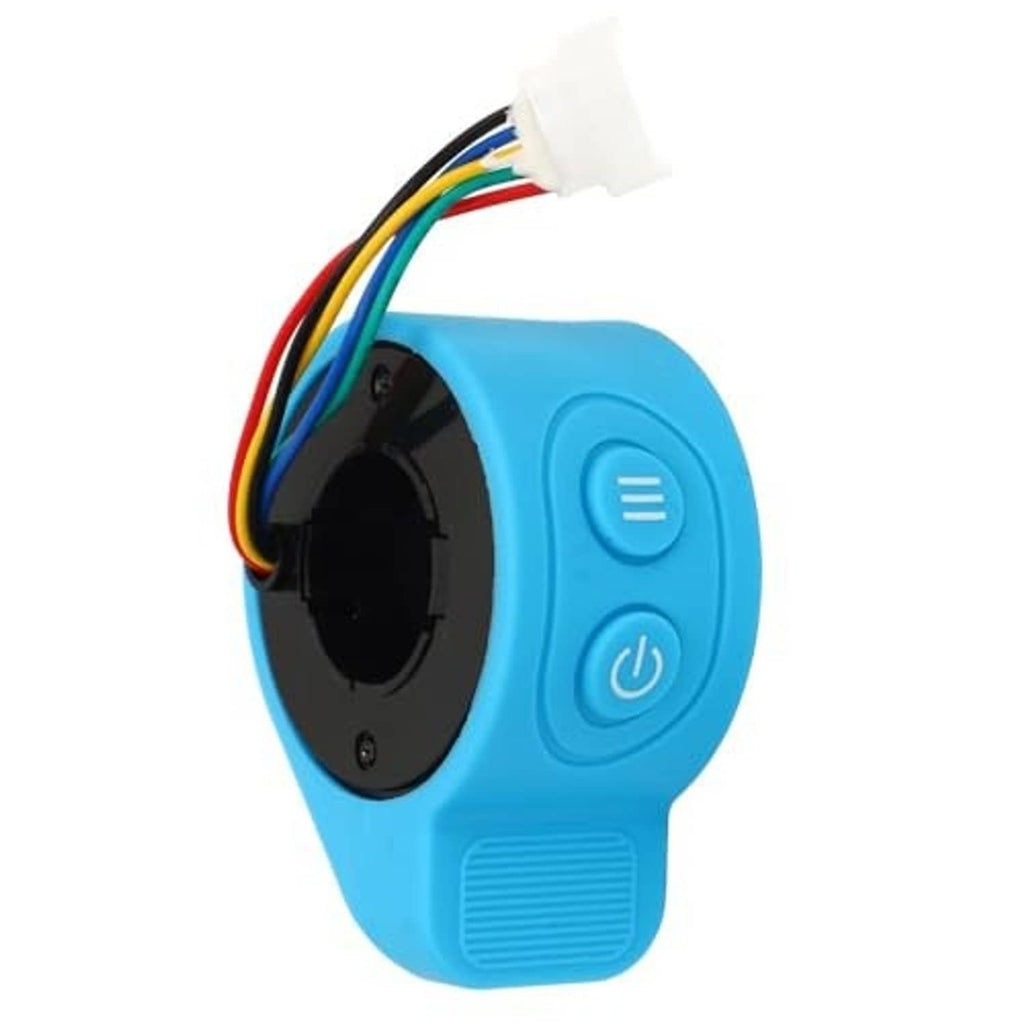 Blue thumb throttle with power button and ribbed grip side, black circular faceplate
