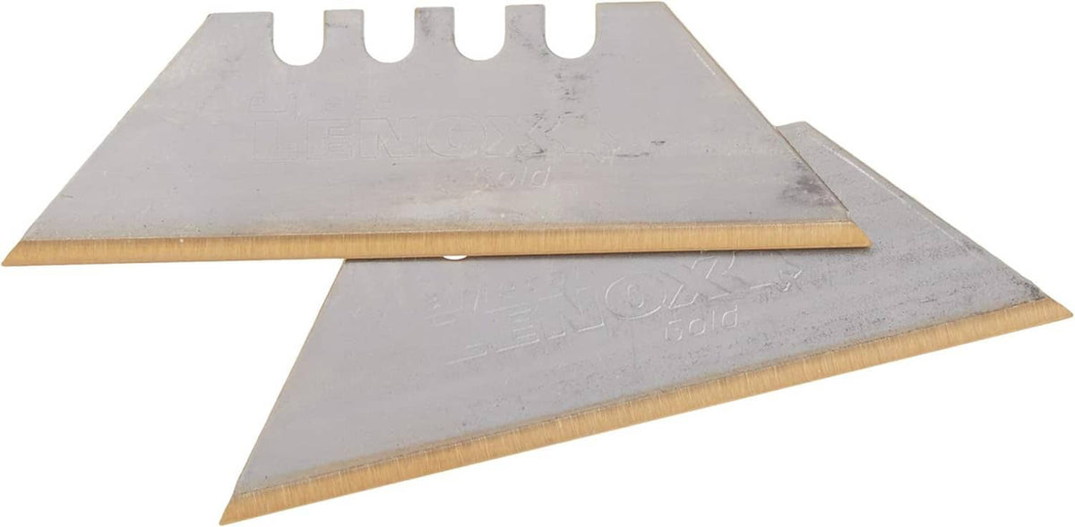 Gold-toned utility knife blades with notched ends, overlapping metal pieces shown
