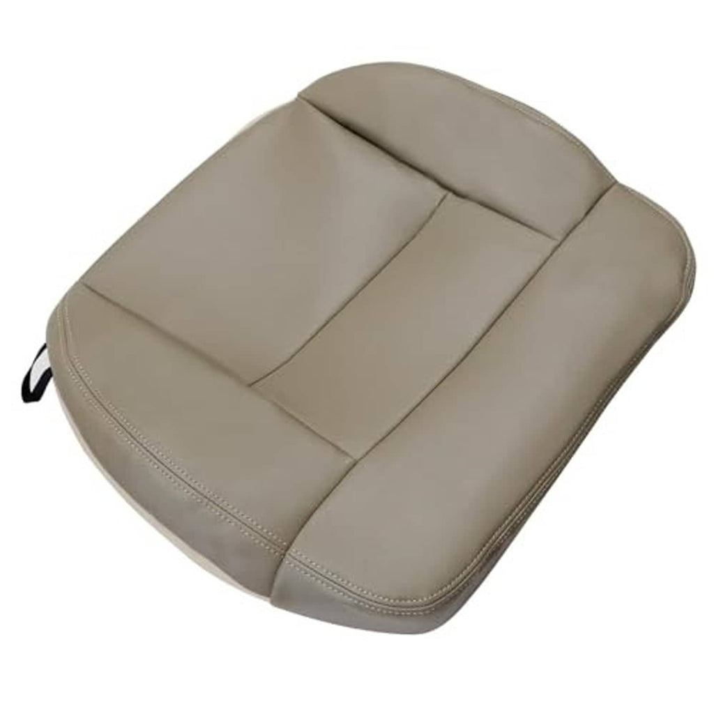 Tan leather replacement seat cover with stitched center panel and curved armrest area