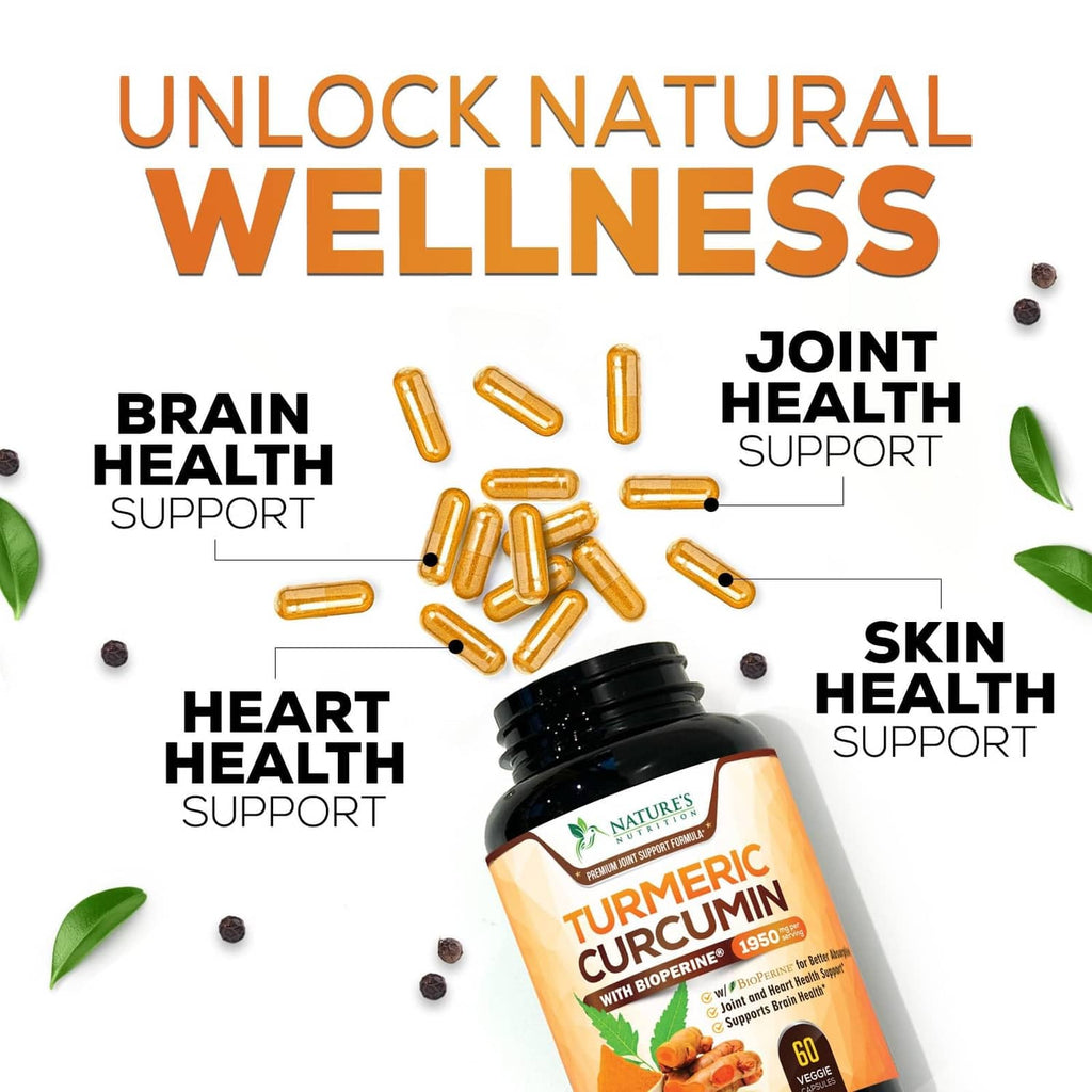 Turmeric curcumin supplement bottle with icons for joint, brain, heart, and skin support