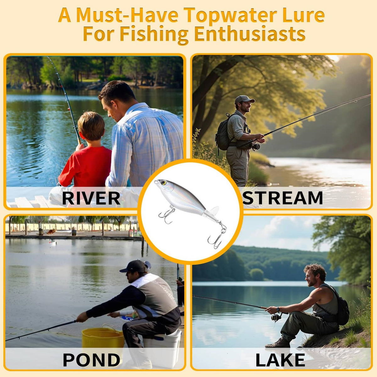 Topwater lure icon with white-and-silver body and treble hooks