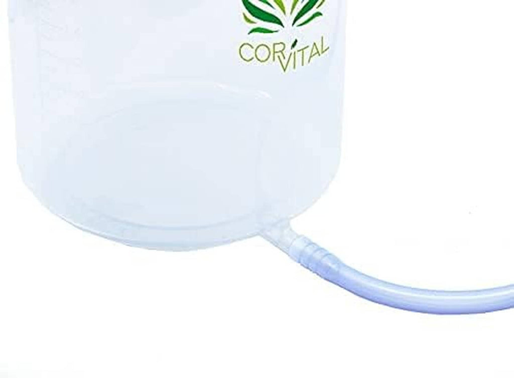 Enema kit bucket outlet with blue clear hose connected, close-up