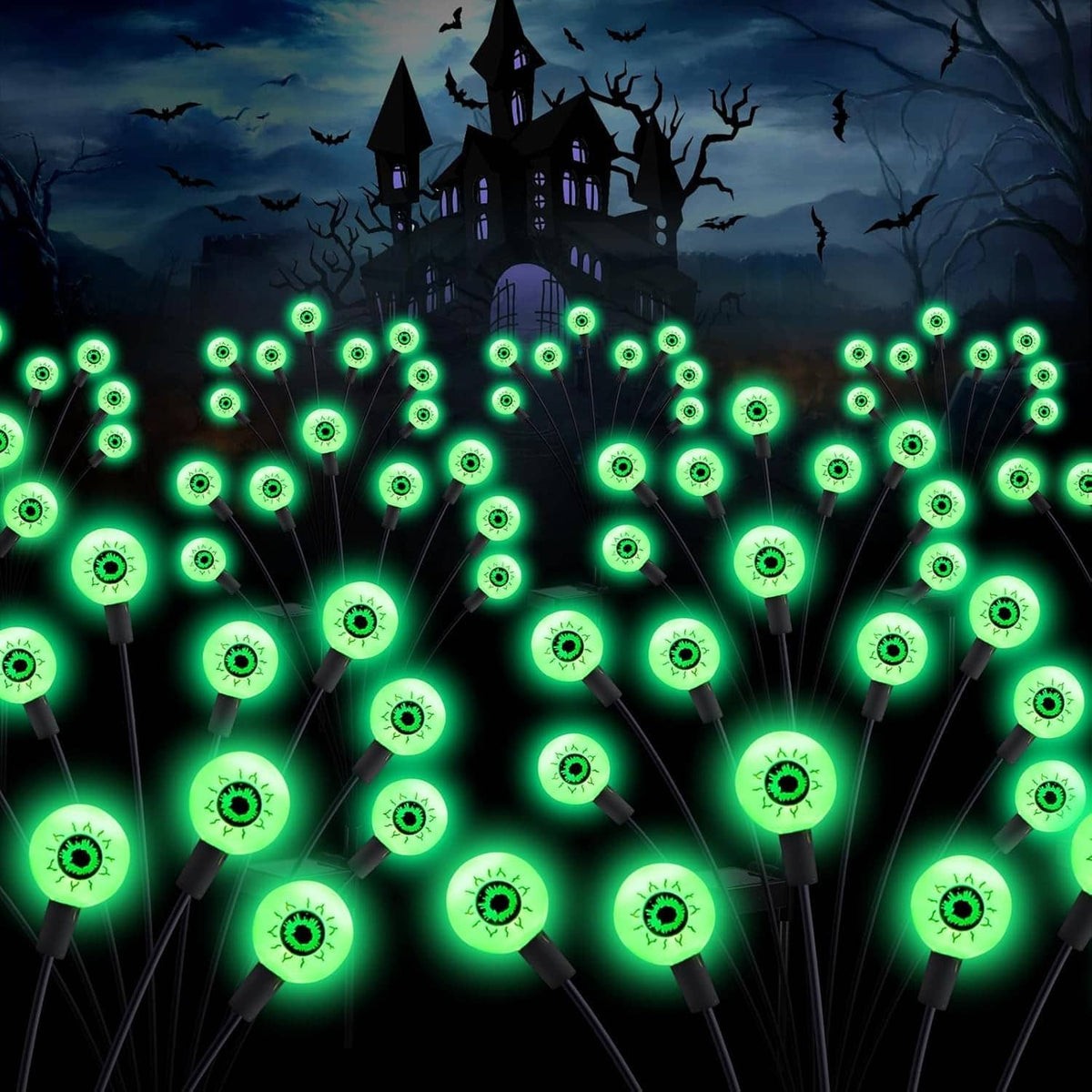 Outdoor solar Halloween light set with glowing green round LED bulbs on black stakes