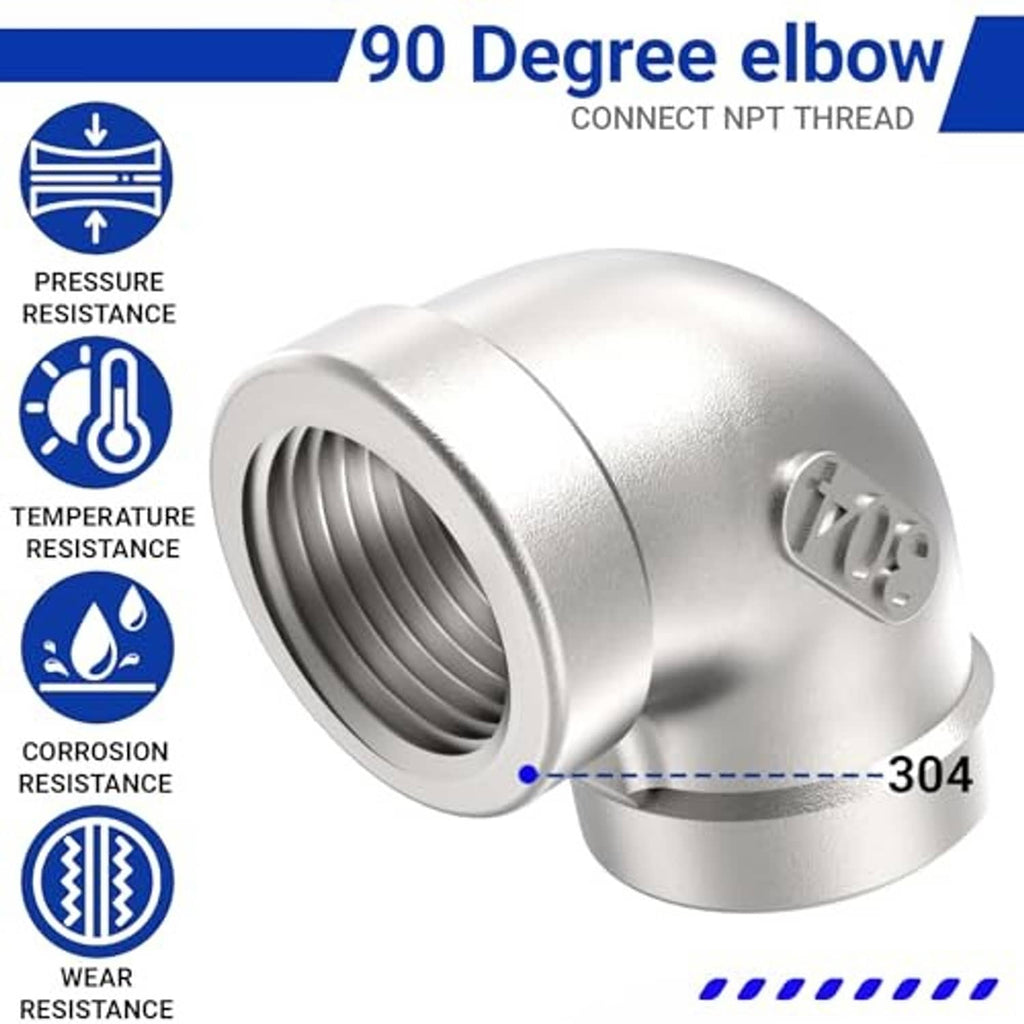 90-degree elbow fitting diagram with 304 label, NPT thread connection and durability icons