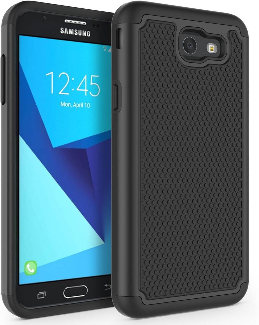 Shockproof phone case in dark gray showing camera cutout and textured back