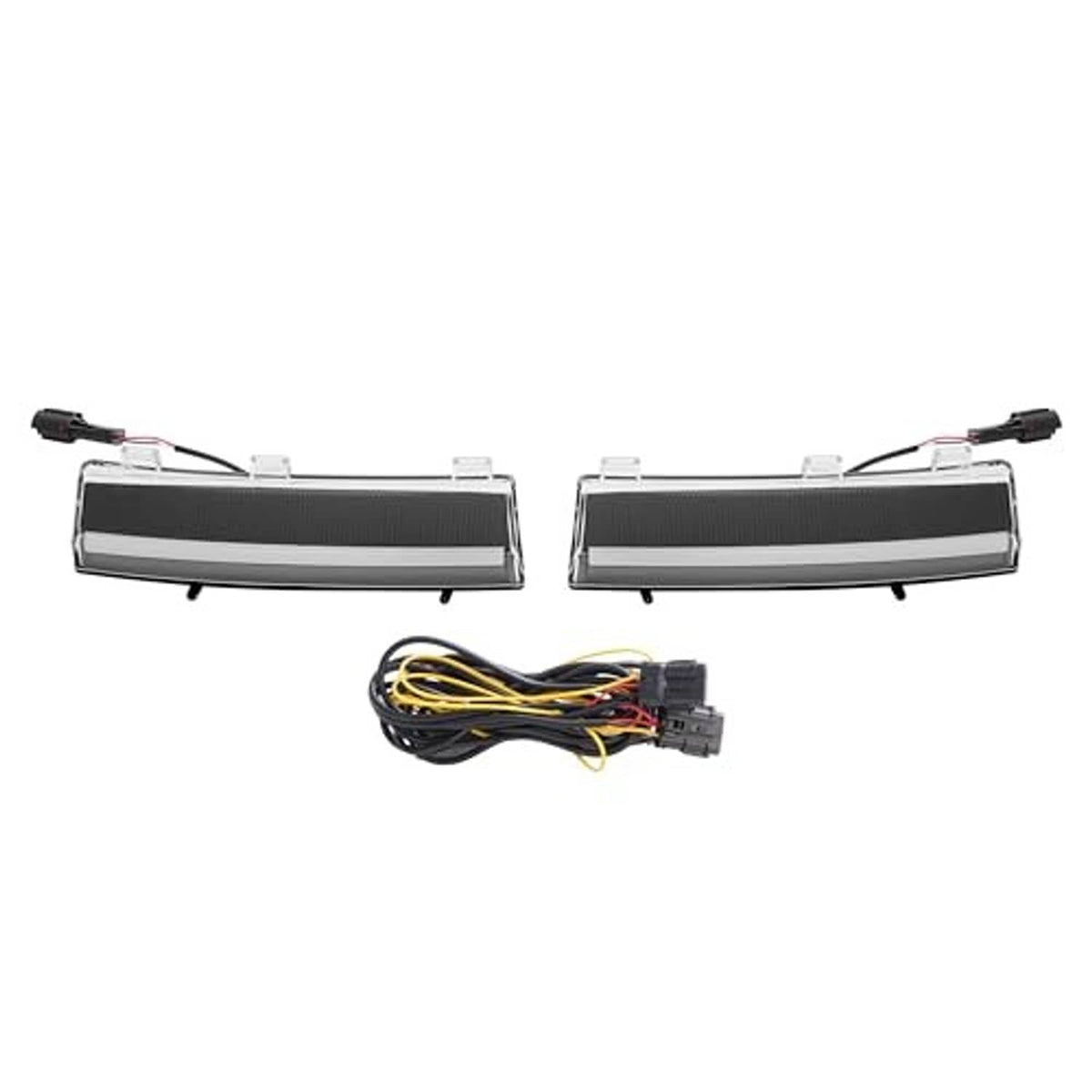 Pair turn signal lights with clear lens and black housing, with wiring harness