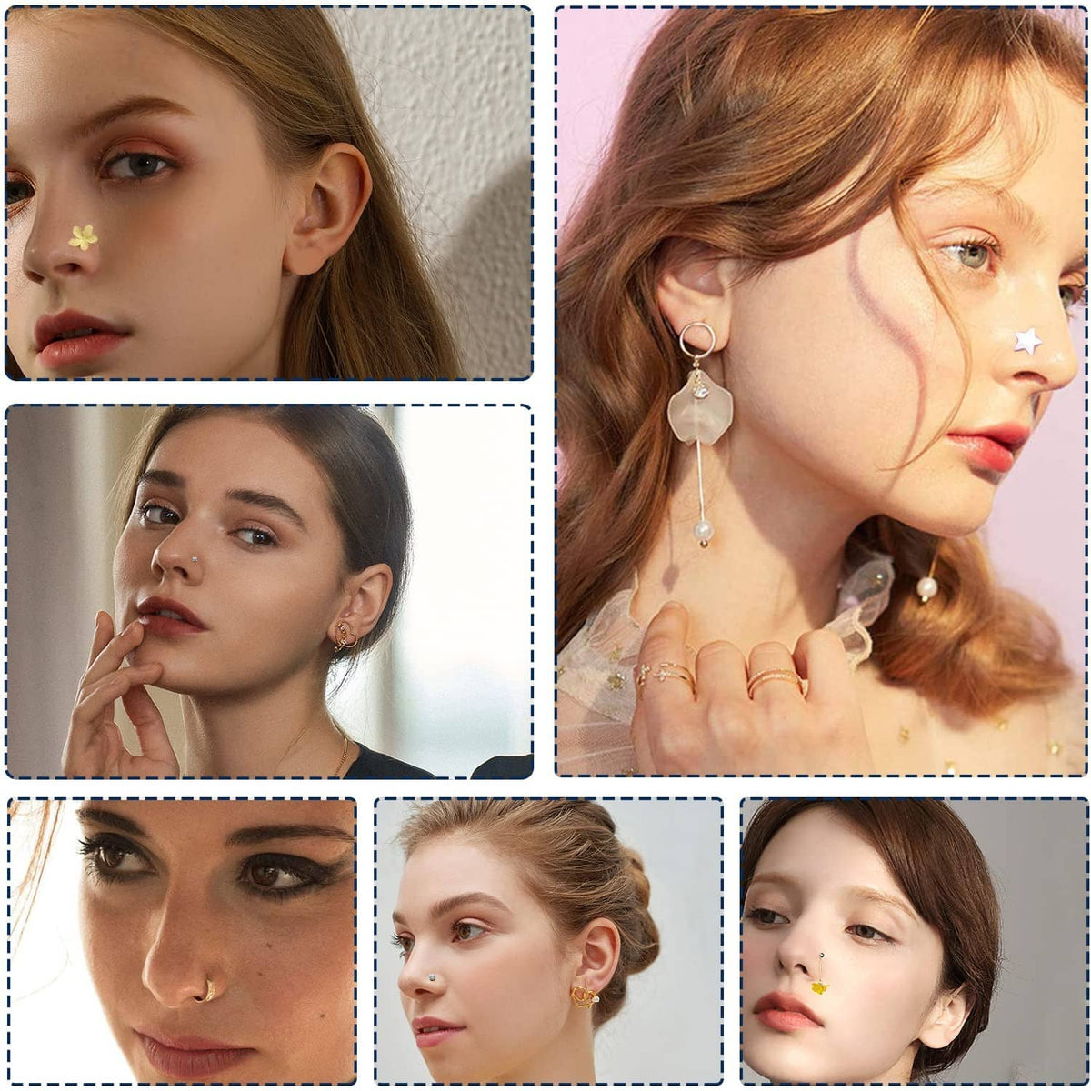Woman wearing crystal nose studs in the nostril, multiple angles