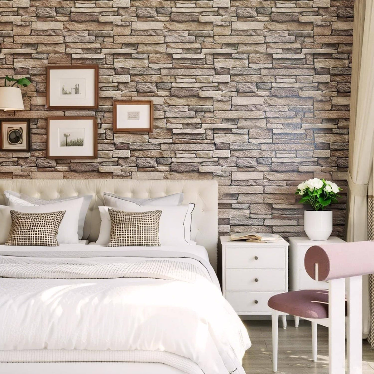 Stone brick wallpaper decal with layered beige and gray faux-stone blocks