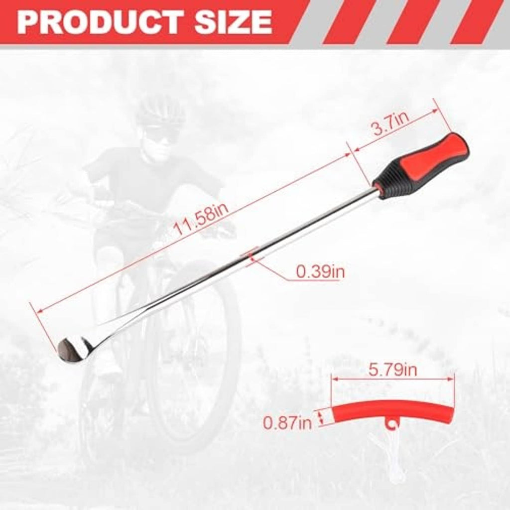 Long metal tire spoon with red curved rim protector, black/red handle