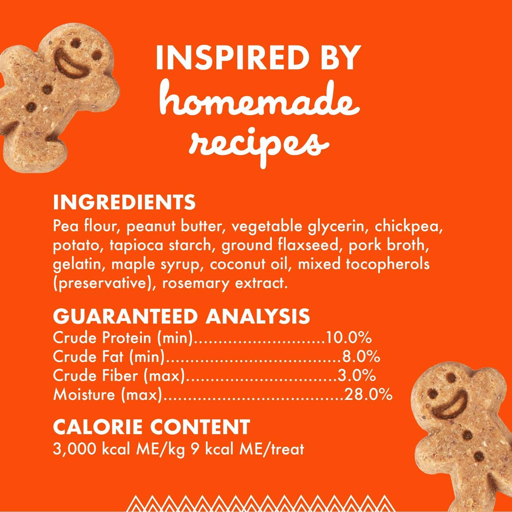 Nutrition and ingredients panel on a grain-free dog treat pouch with gingerbread mascot