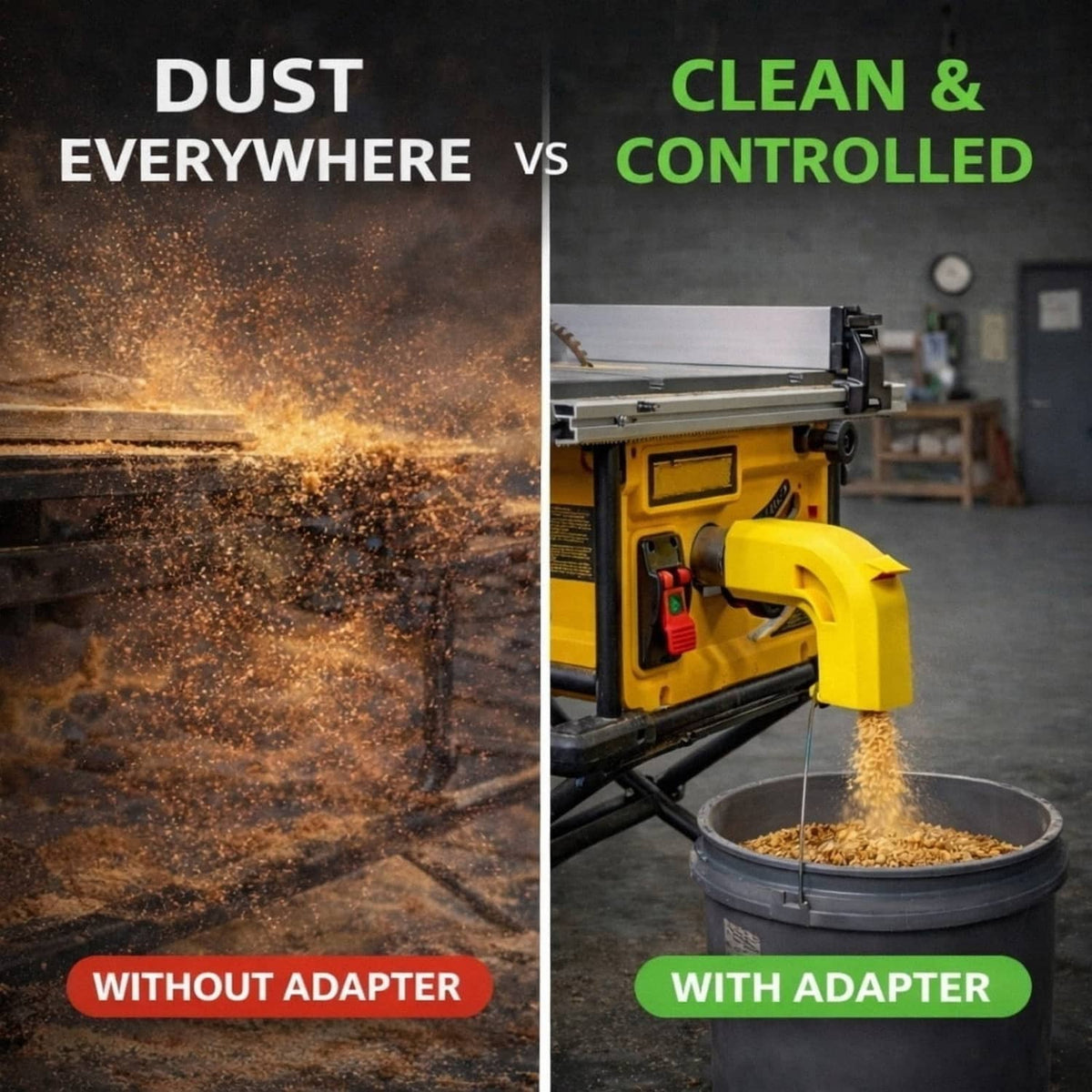Yellow dual-port dust adapter attached to table saw hose opening, elbow shape