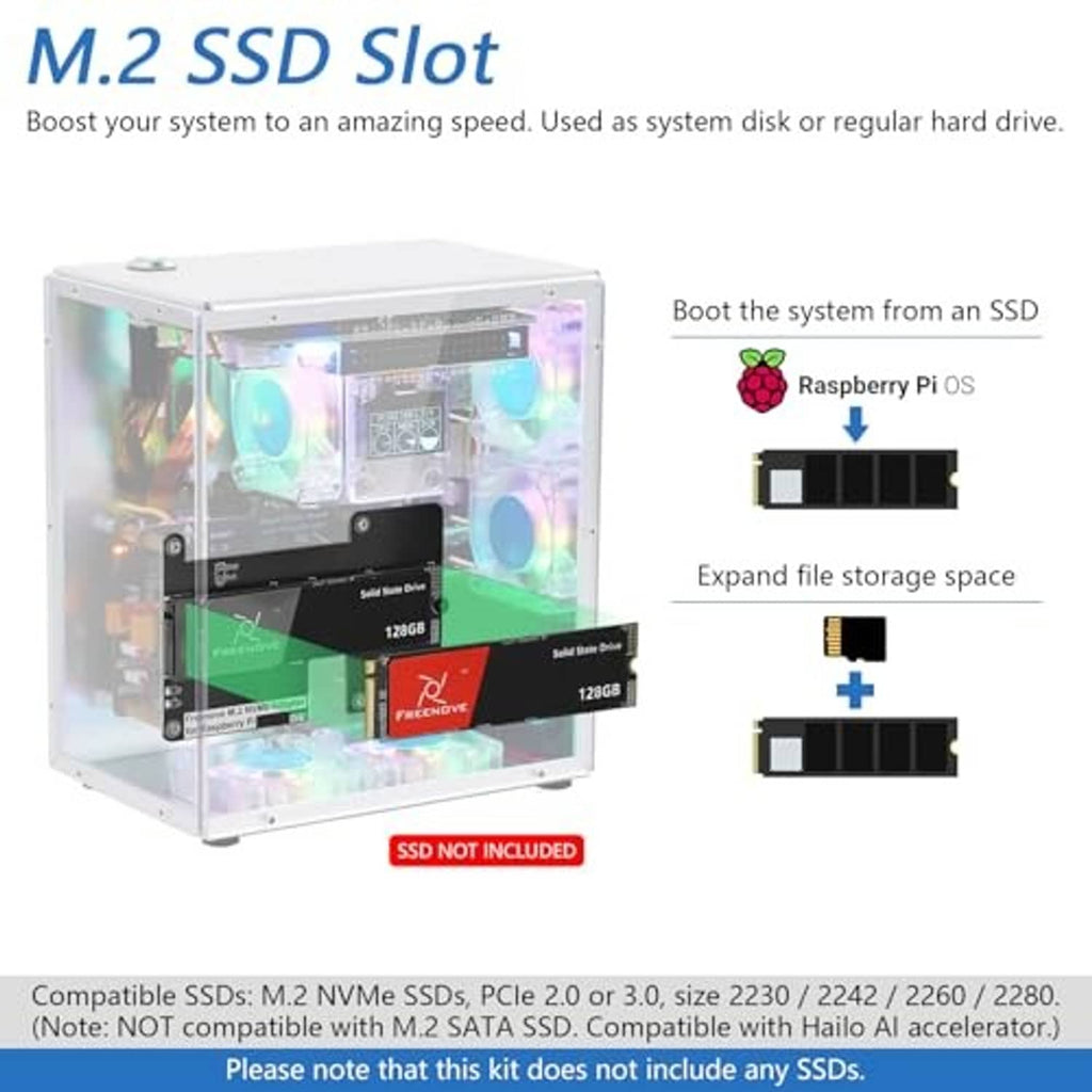 Transparent PC case with visible M.2 NVMe SSD adapter area and RGB fans