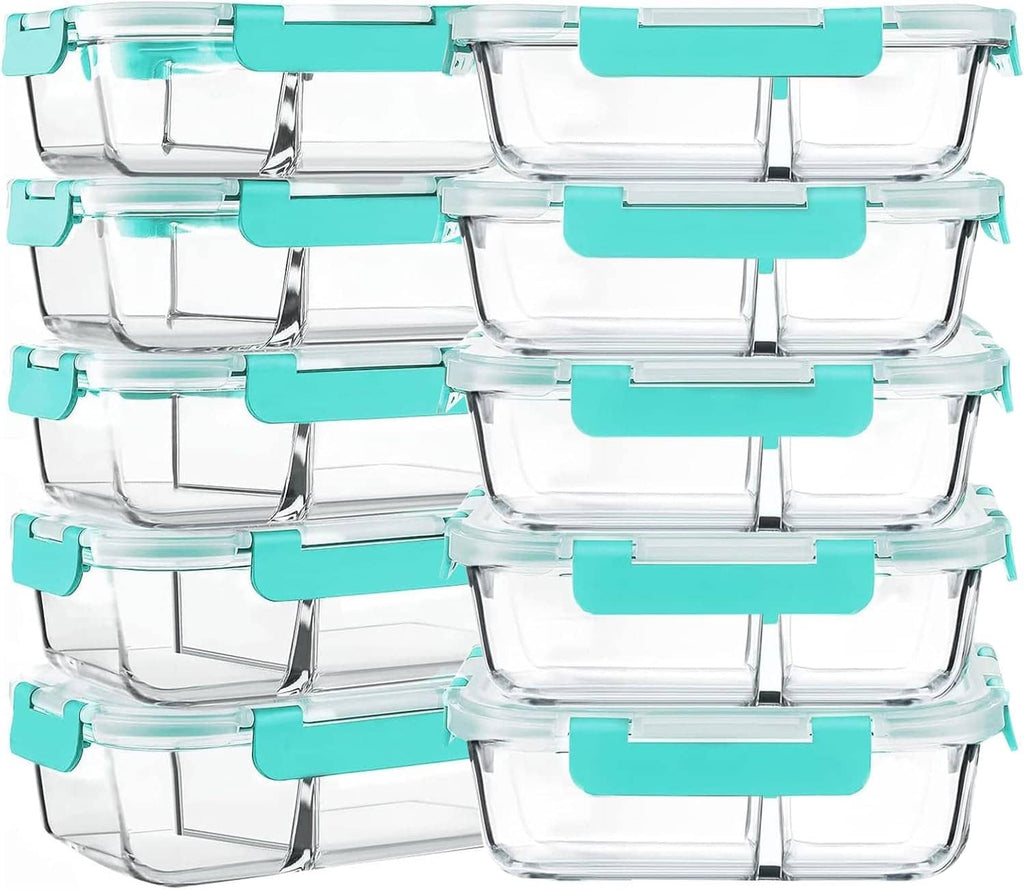 10-pack clear glass 2-compartment meal prep containers with teal airtight lids, stacked