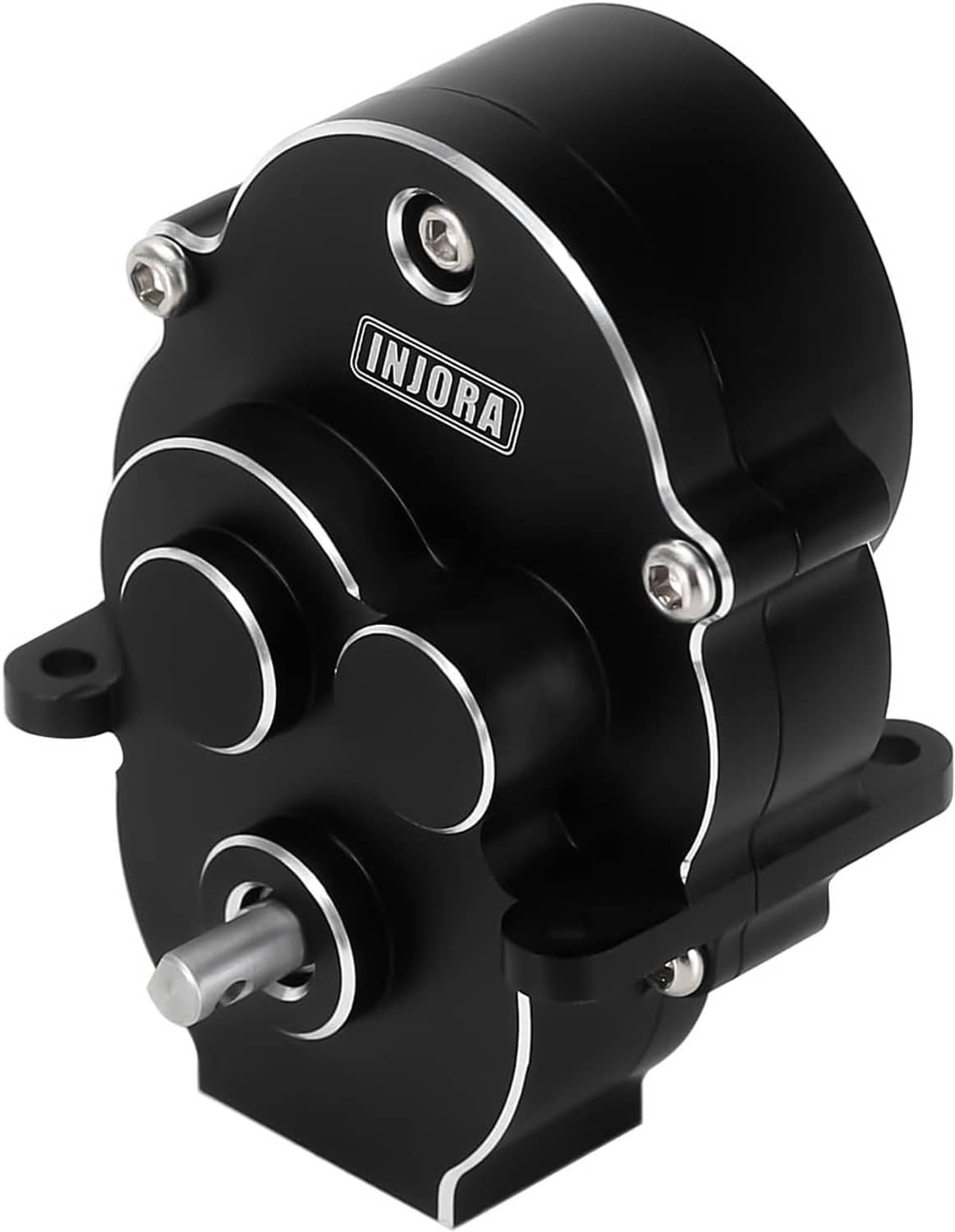 INJORA CNC aluminum transmission housing, black with silver logo and side mounting screws