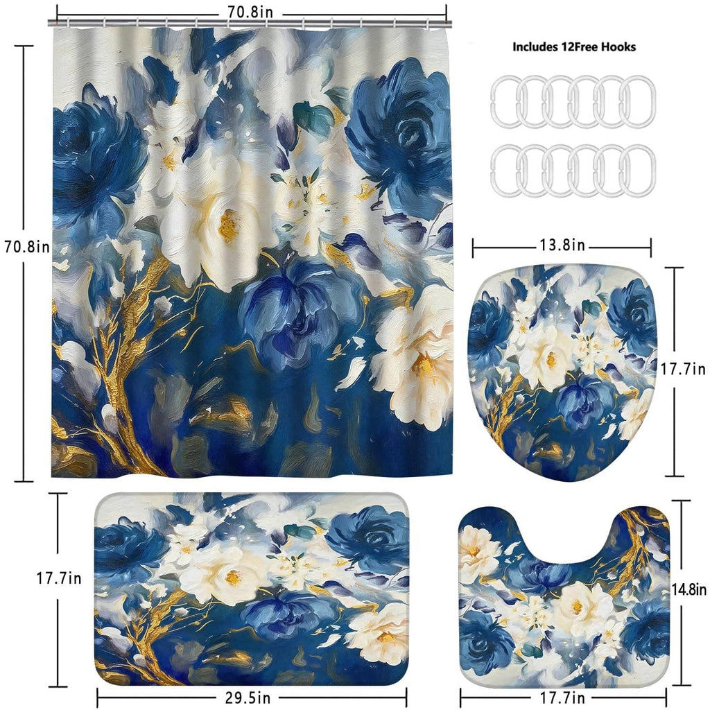 Blue floral shower curtain set includes 12 hooks, toilet lid cover, and bath rugs
