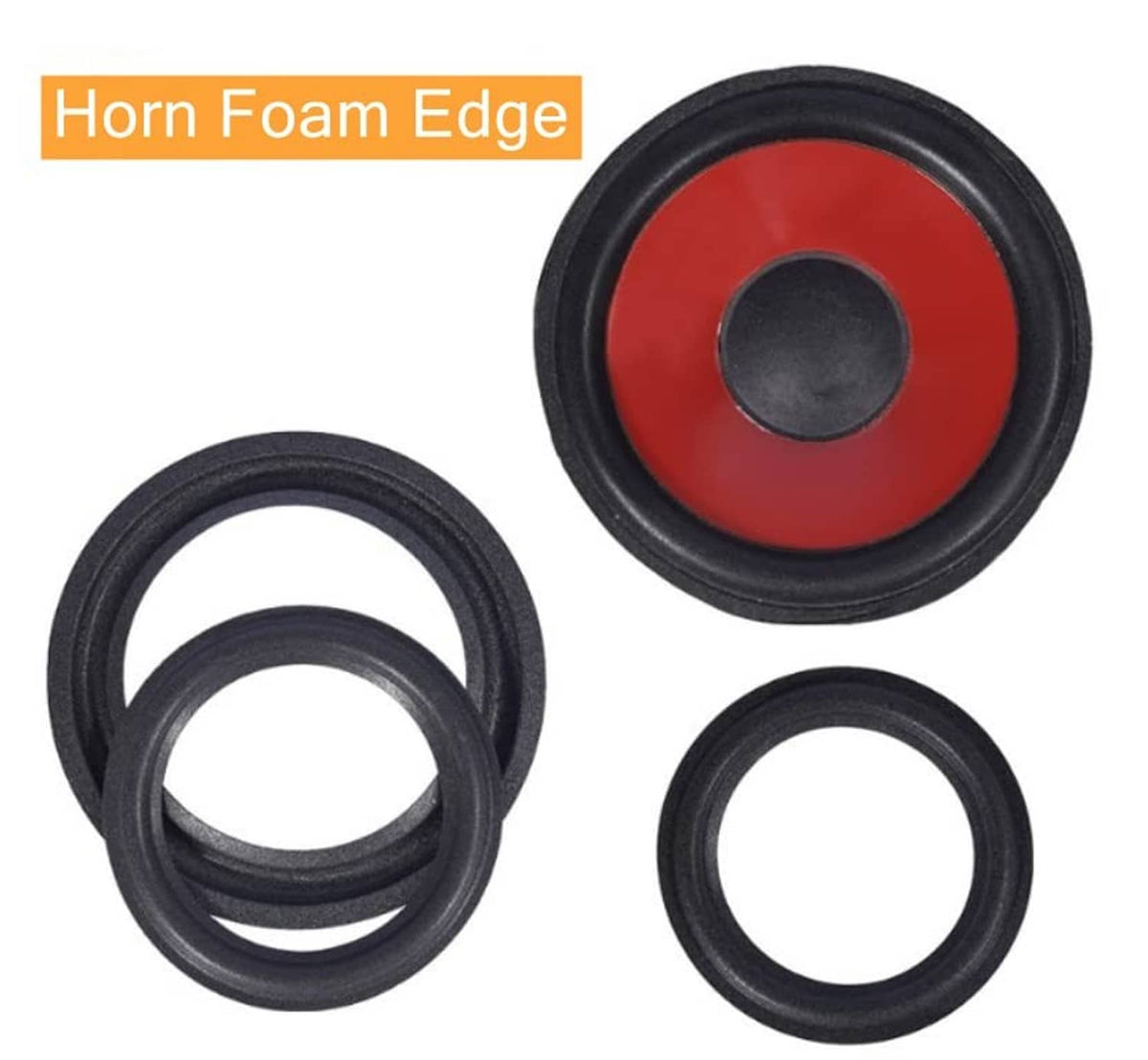 Black speaker rubber surround rings with red foam edge insert, 3-piece set.