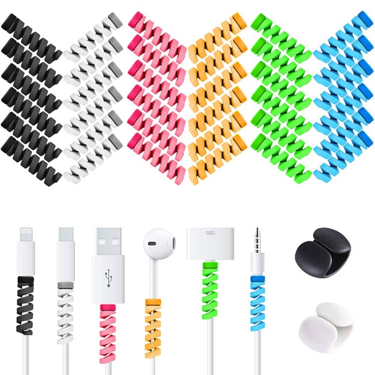 Multicolor spiral cable protectors with white and black connectors, 36-piece set