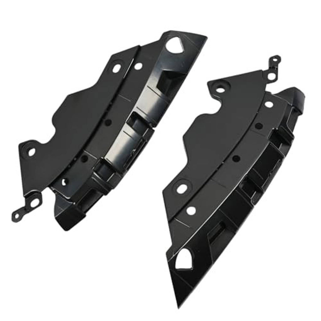 Front bumper grille retainer bracket pair, black plastic with circular holes and mounting tabs
