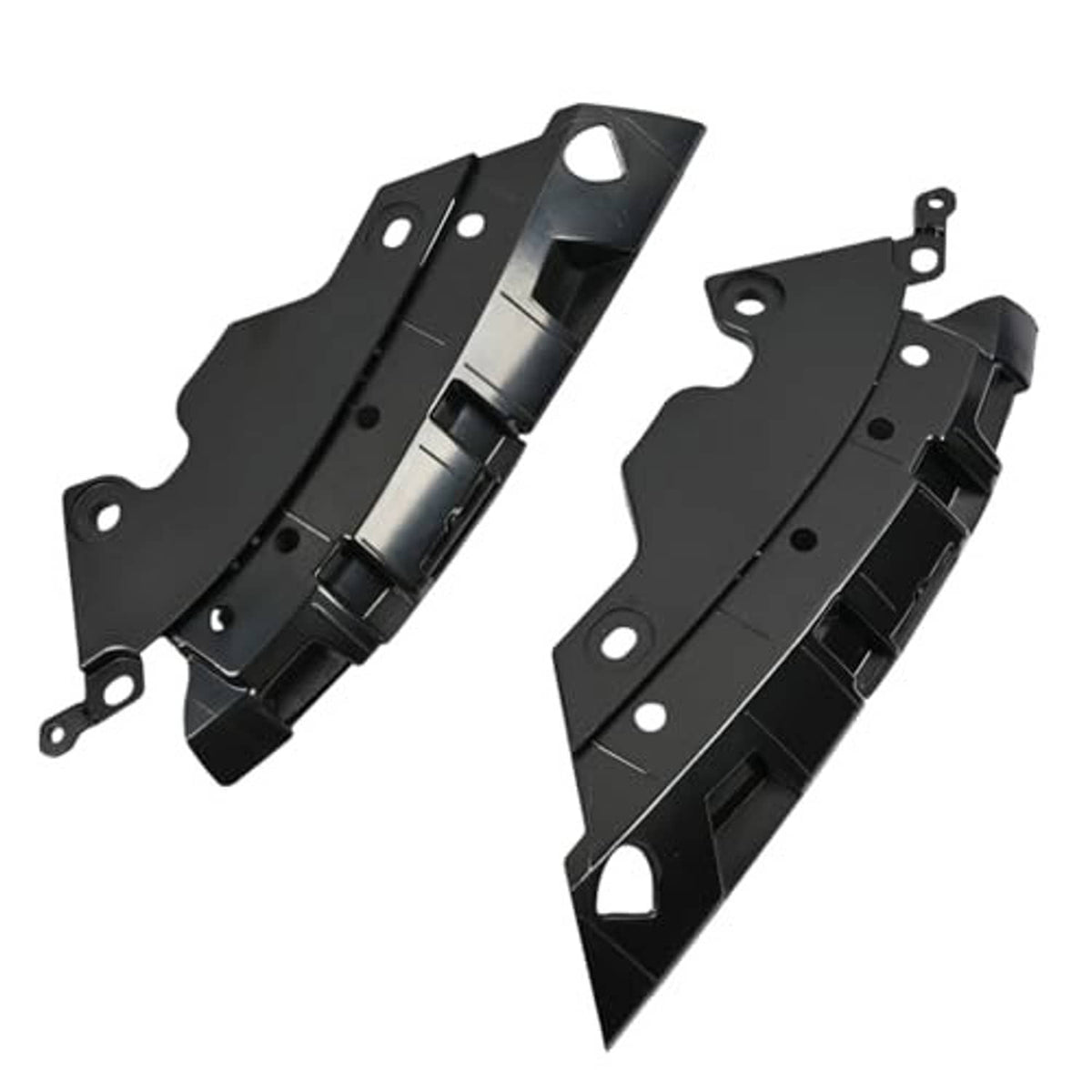 Front bumper grille retainer bracket pair, black plastic with circular holes and mounting tabs