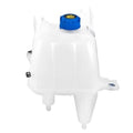 White coolant reservoir tank with blue cap and mounting bracket ports
