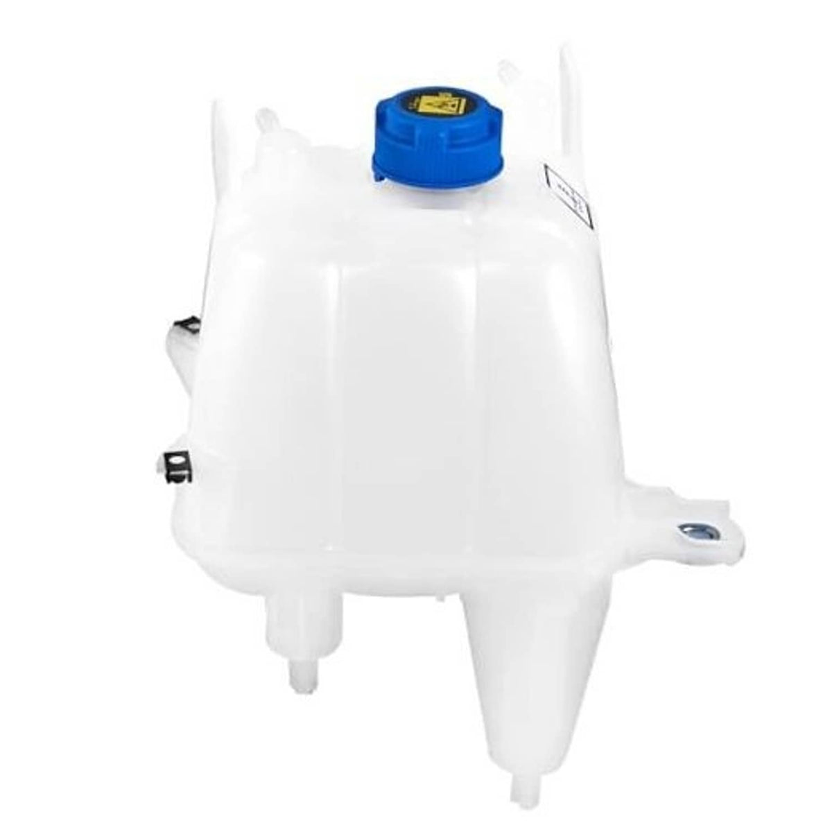 White coolant reservoir tank with blue cap and mounting bracket ports