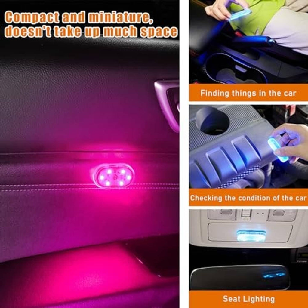 Compact oval LED car interior light glowing purple along the trim.