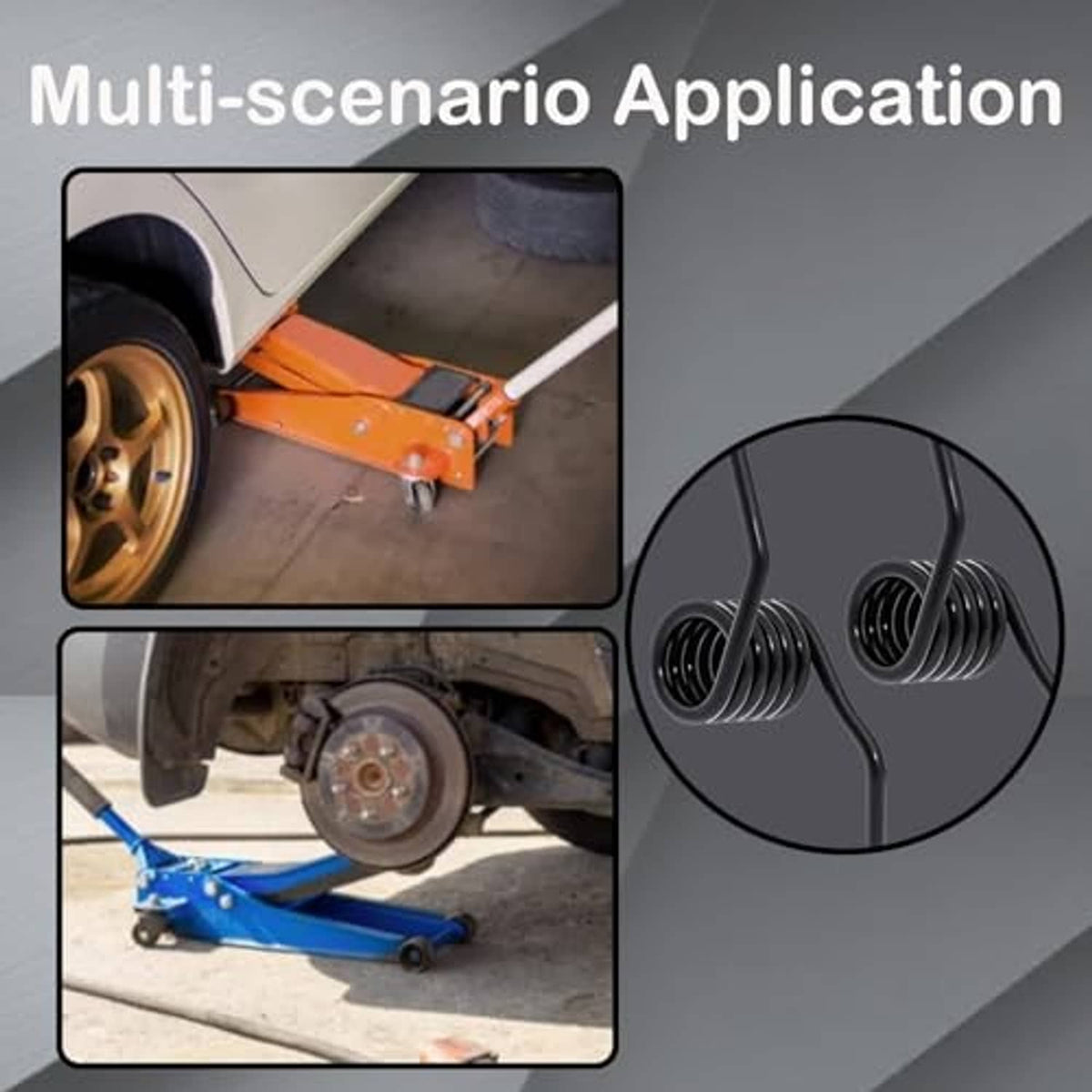 Black jack return spring tool shown installed near a floor jack