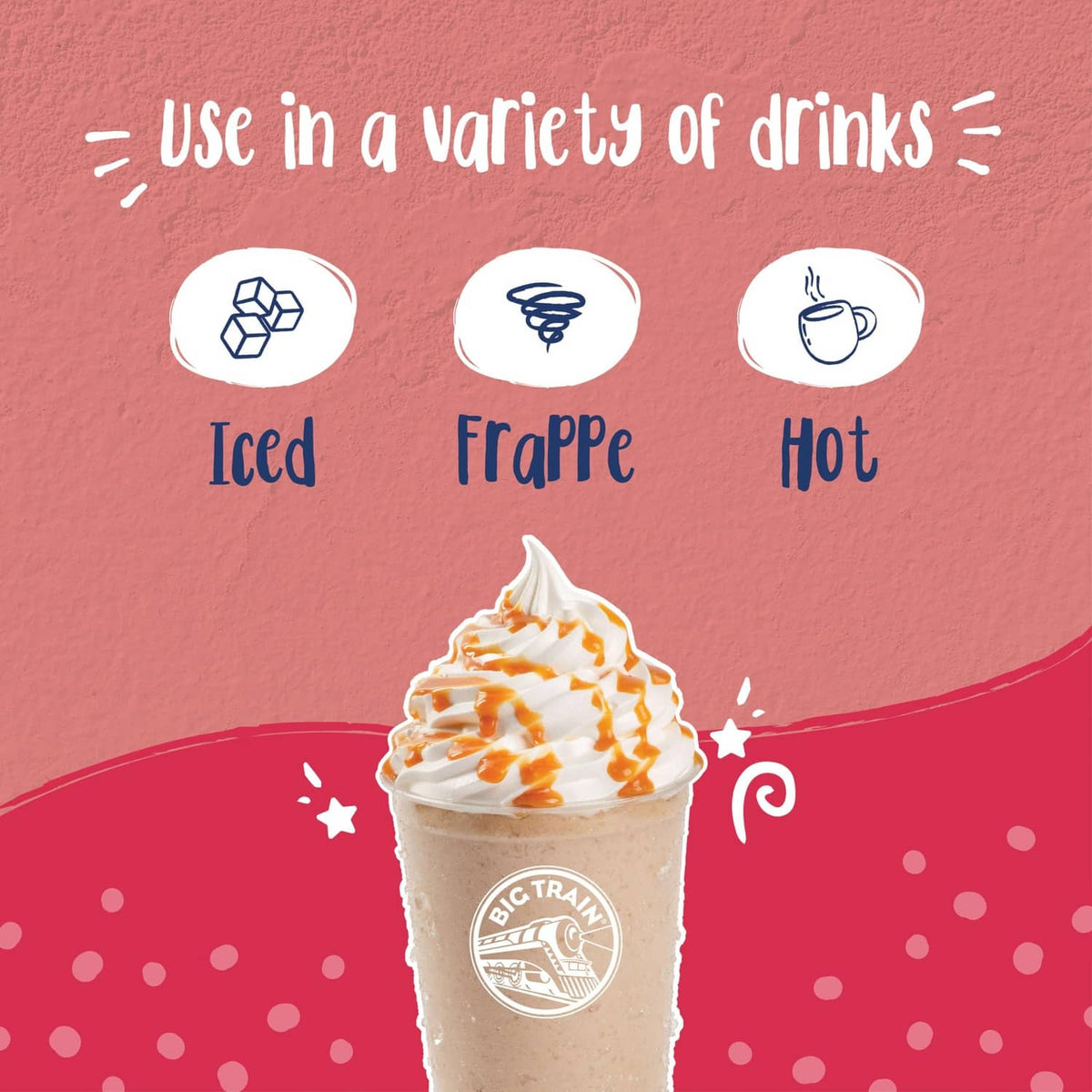 Big Train Dragonfly Thai tea blended crème mix shown for iced, frappe, and hot drinks