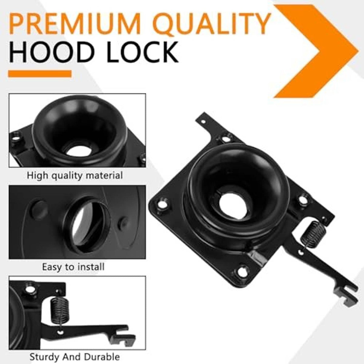 Black hood lock latch with round housing, spring, and mounting bracket