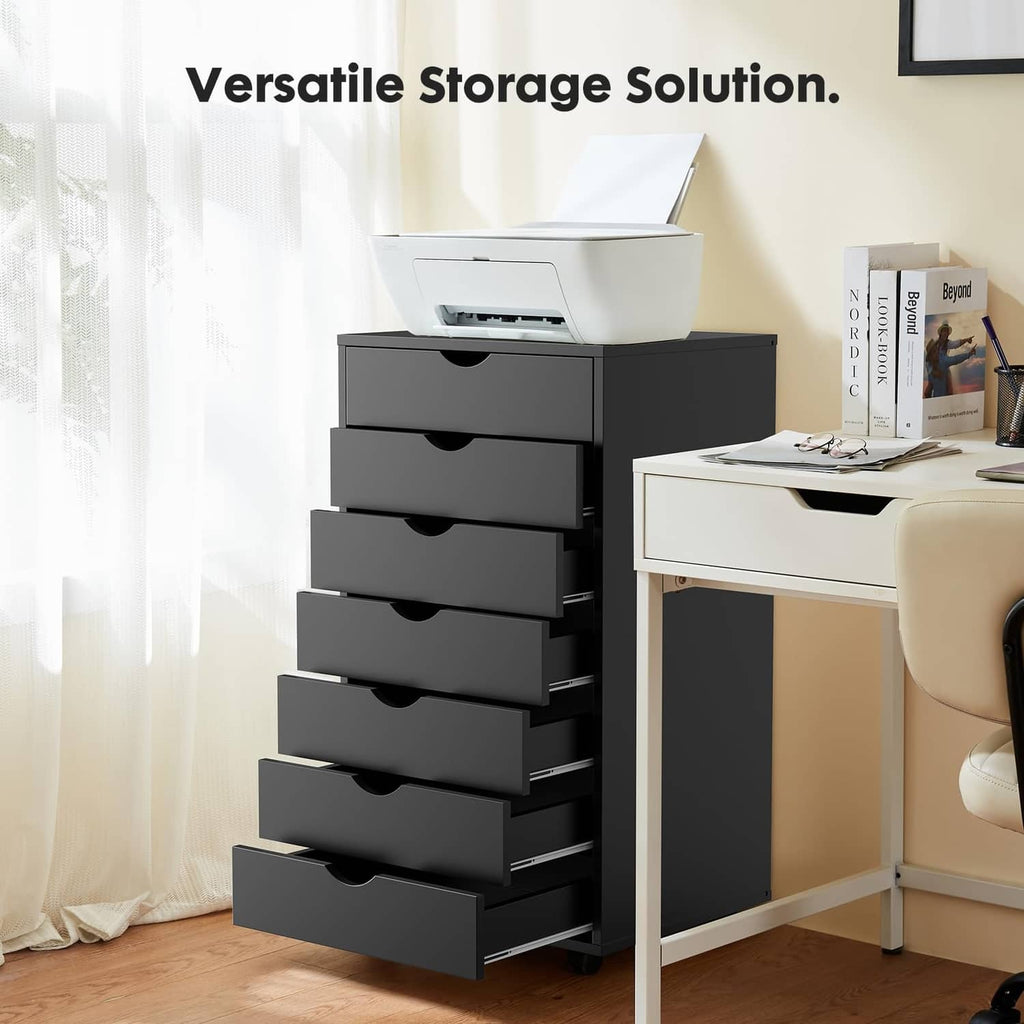 Black 7-drawer cabinet with printer on top and smooth curved drawer fronts