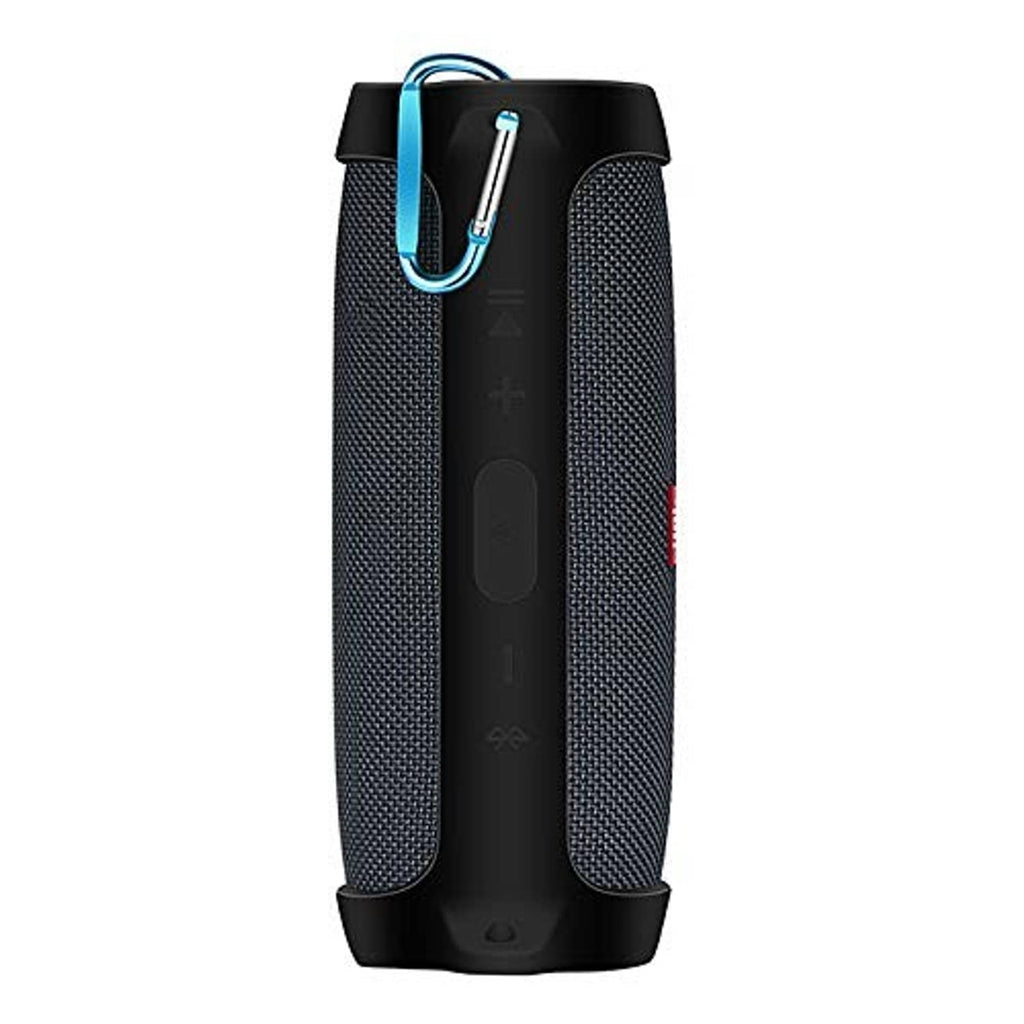 Black silicone sleeve case on a portable Bluetooth speaker with blue carabiner