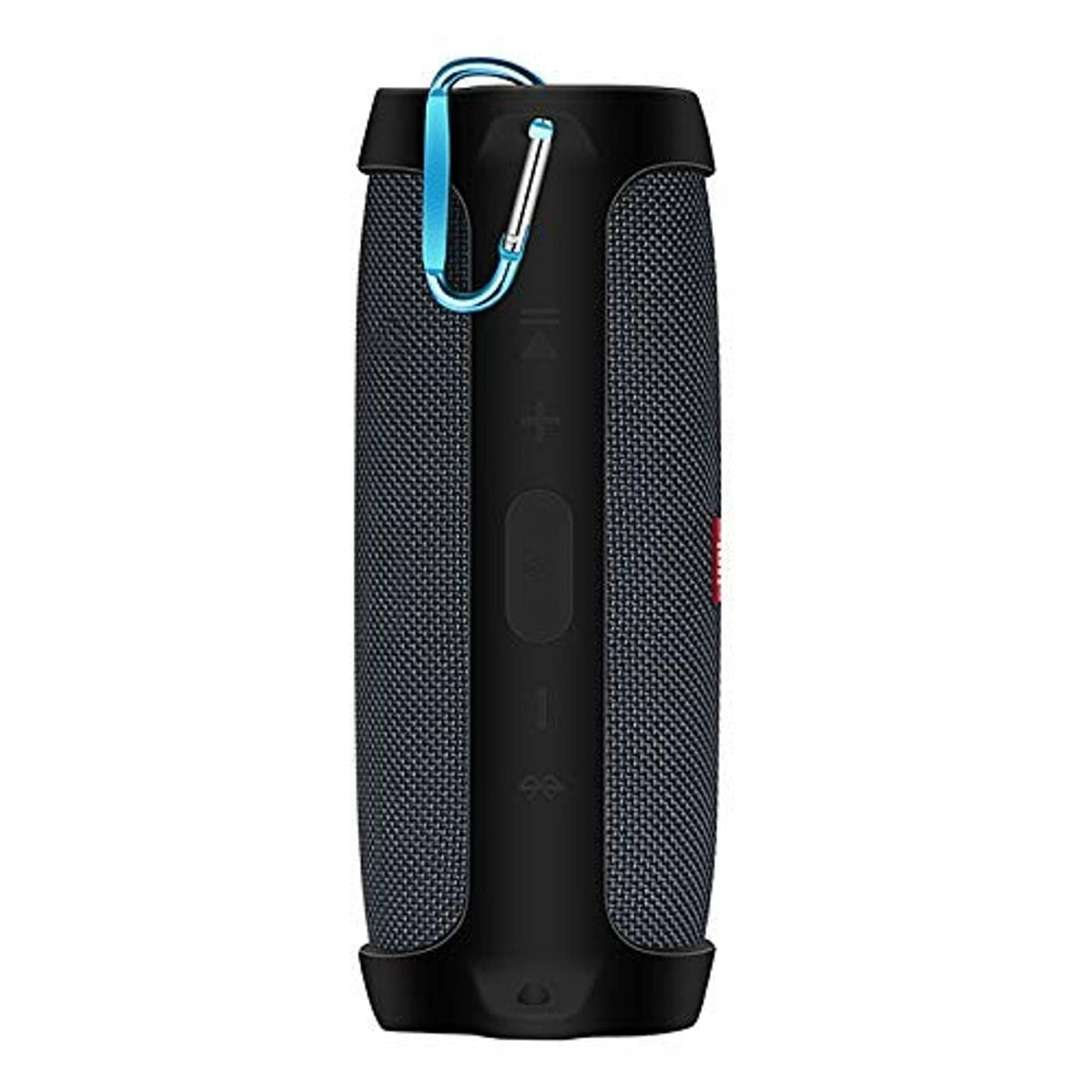 Black silicone sleeve case on a portable Bluetooth speaker with blue carabiner
