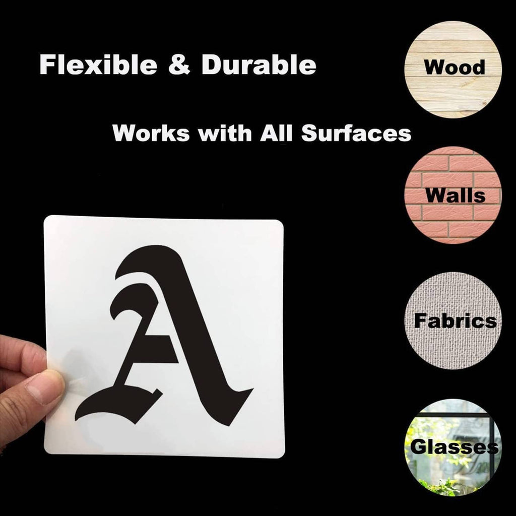 Alphabet letter stencil held up, for wood, walls, fabrics, and glasses