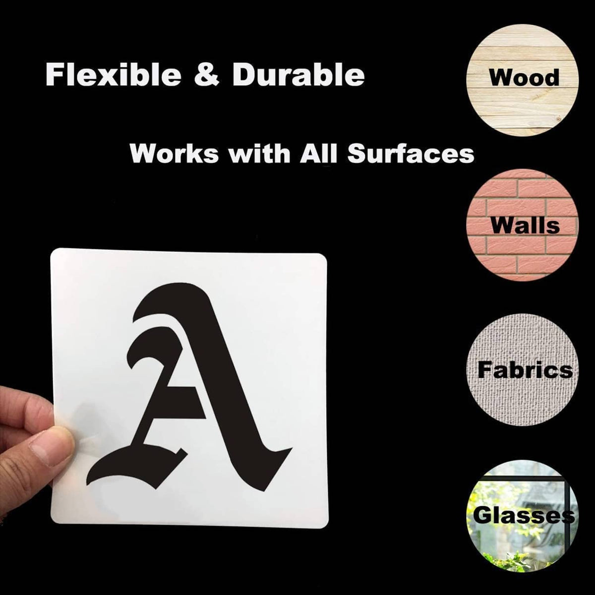 Alphabet letter stencil held up, for wood, walls, fabrics, and glasses