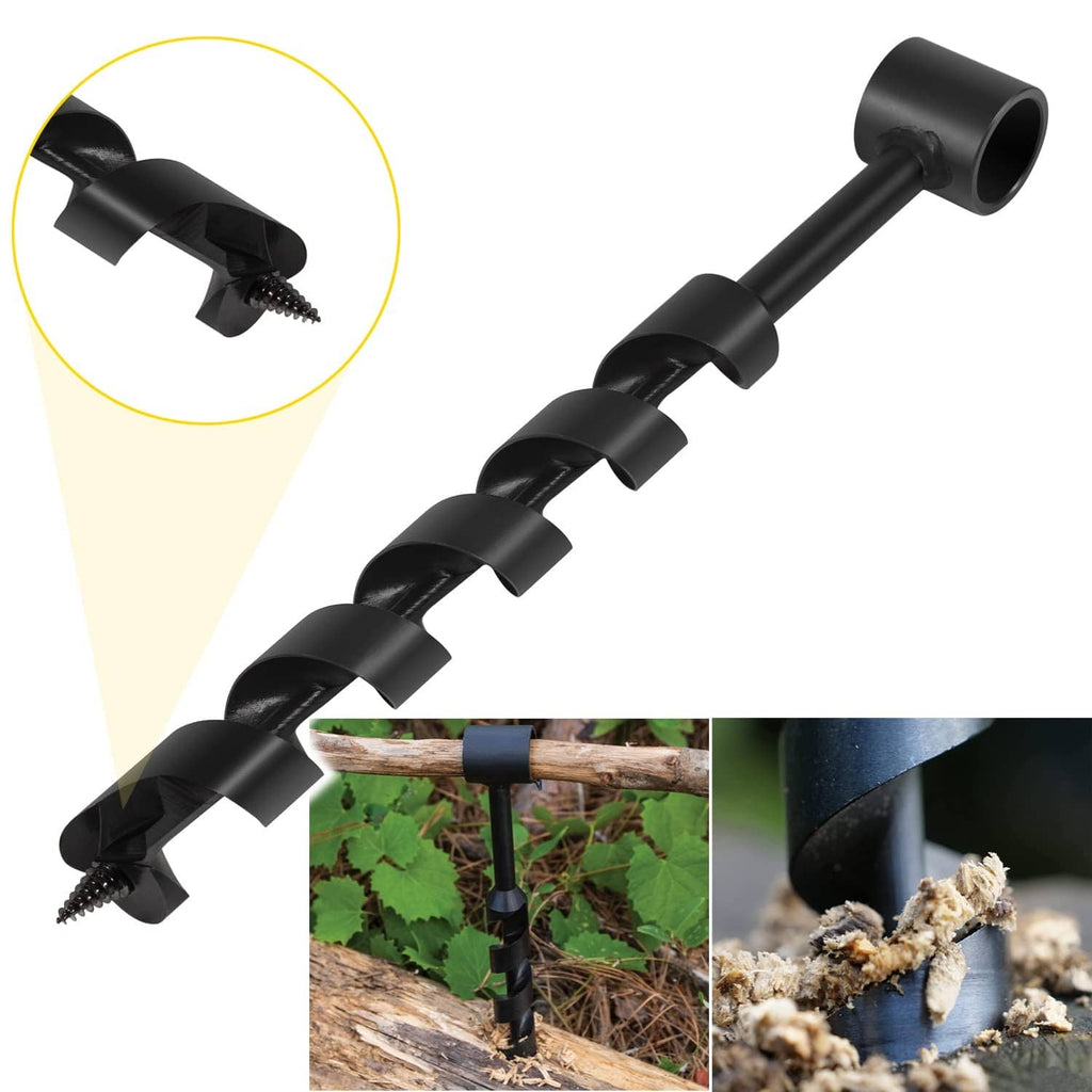 Black wood auger drill bit close-up with screw point and spiral flutes