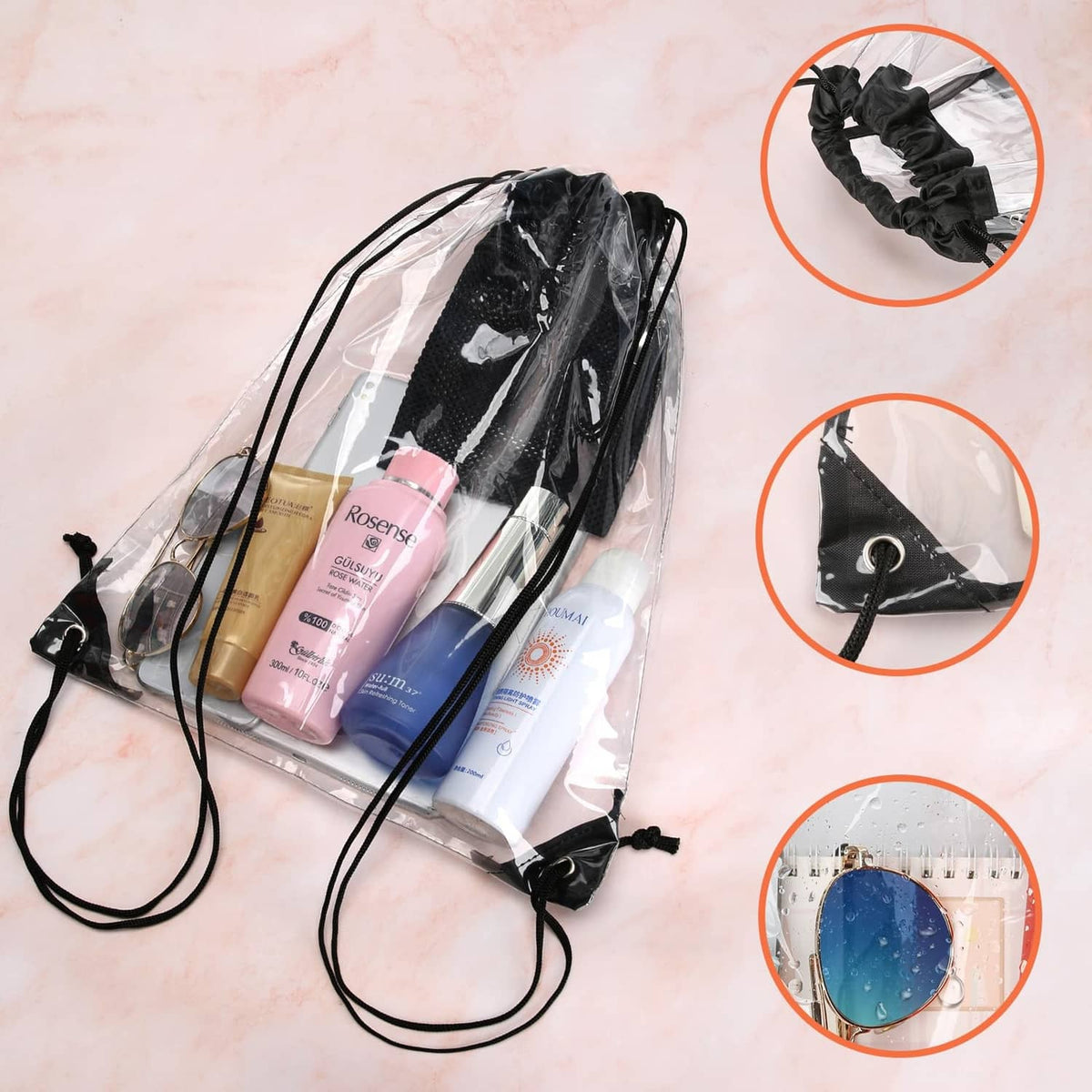 Black clear drawstring bag with ruched top, holding assorted toiletries and cards